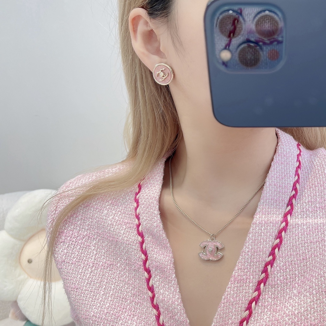 Chanel CC Logo Pink Stud Earrings Gold-Tone Luxury Jewelry