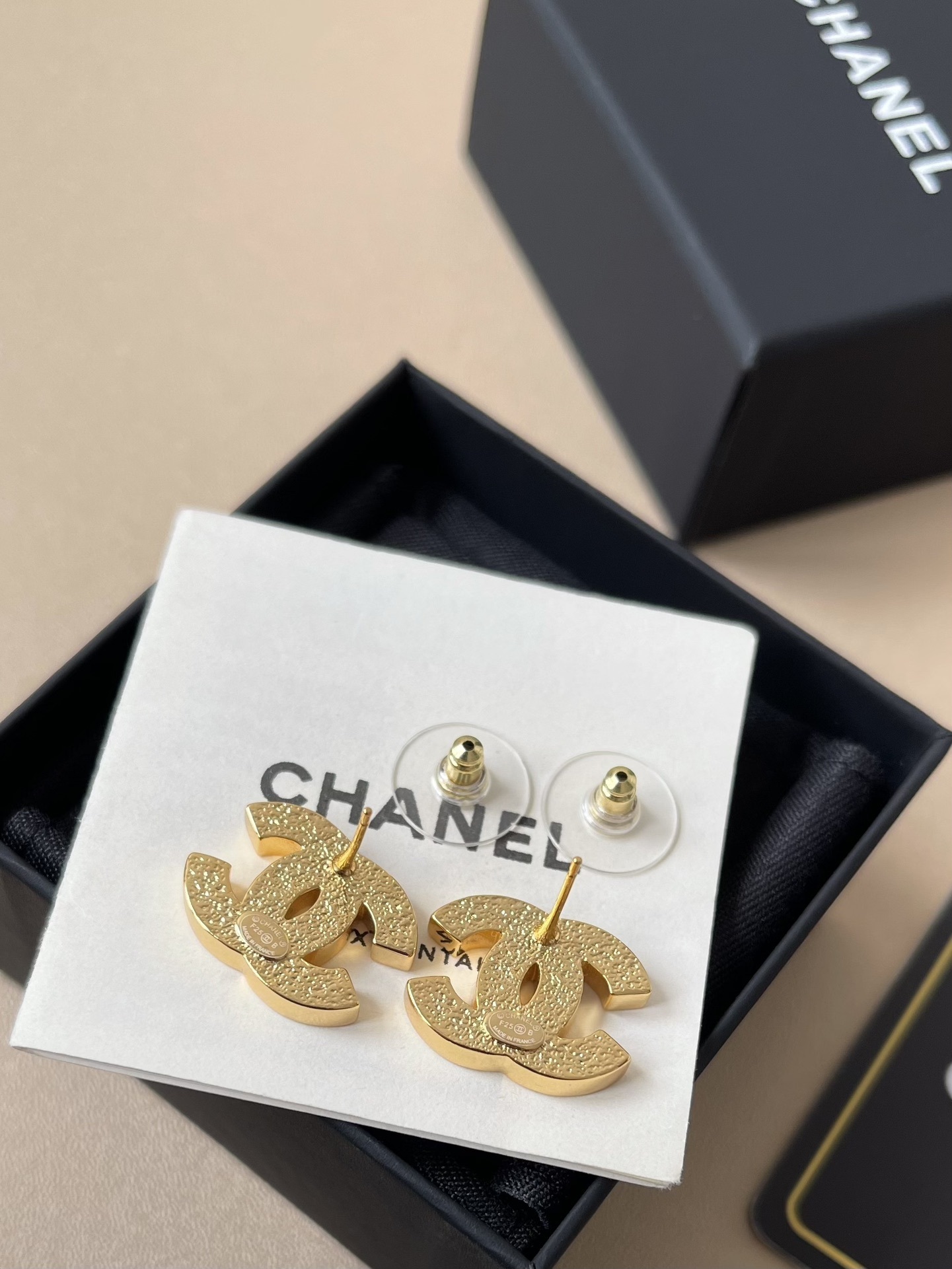 Chanel Classic CC Stud Earrings - Black Enamel & Gold with Crystals