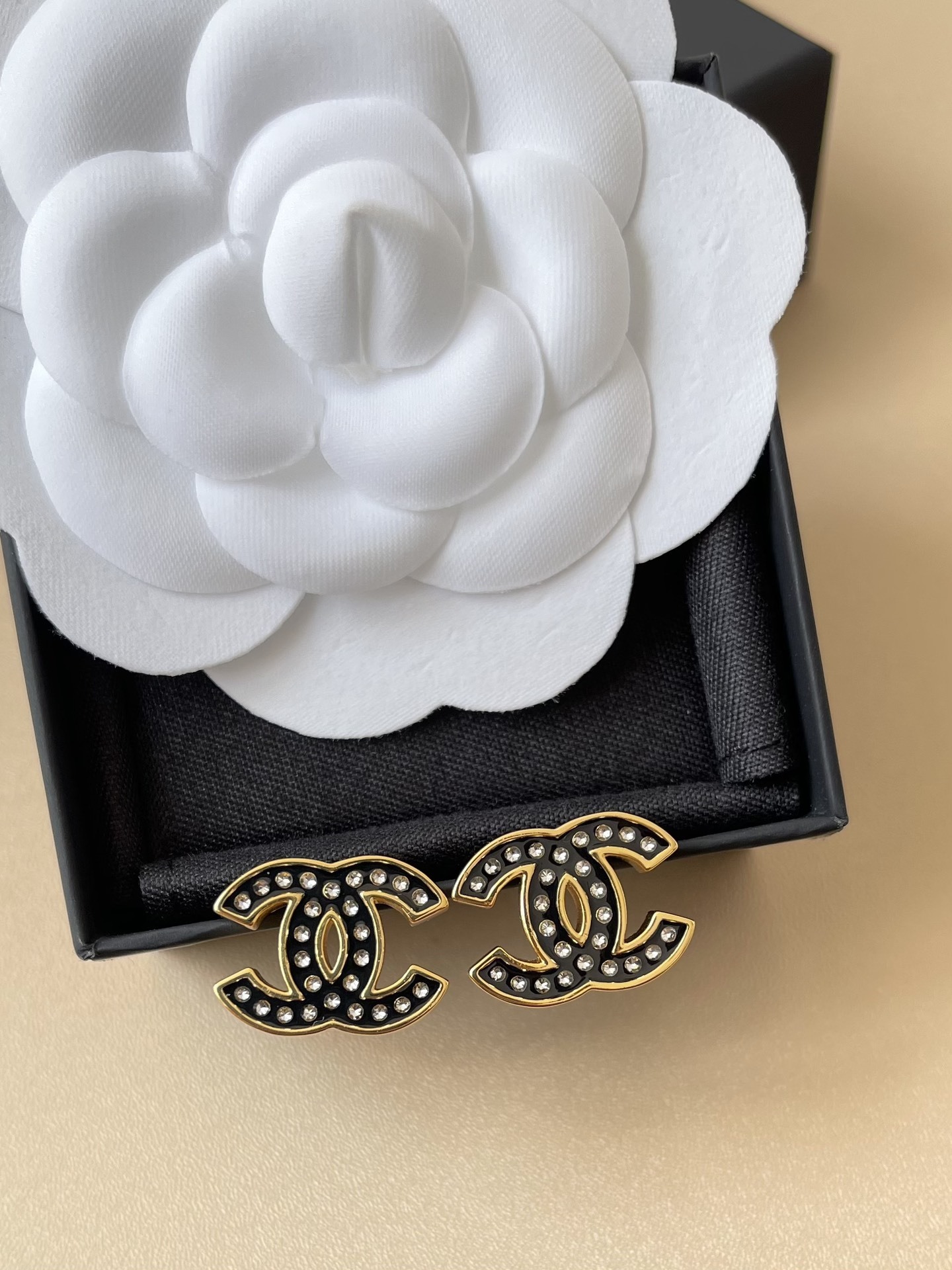 Chanel Classic CC Stud Earrings - Black Enamel & Gold with Crystals