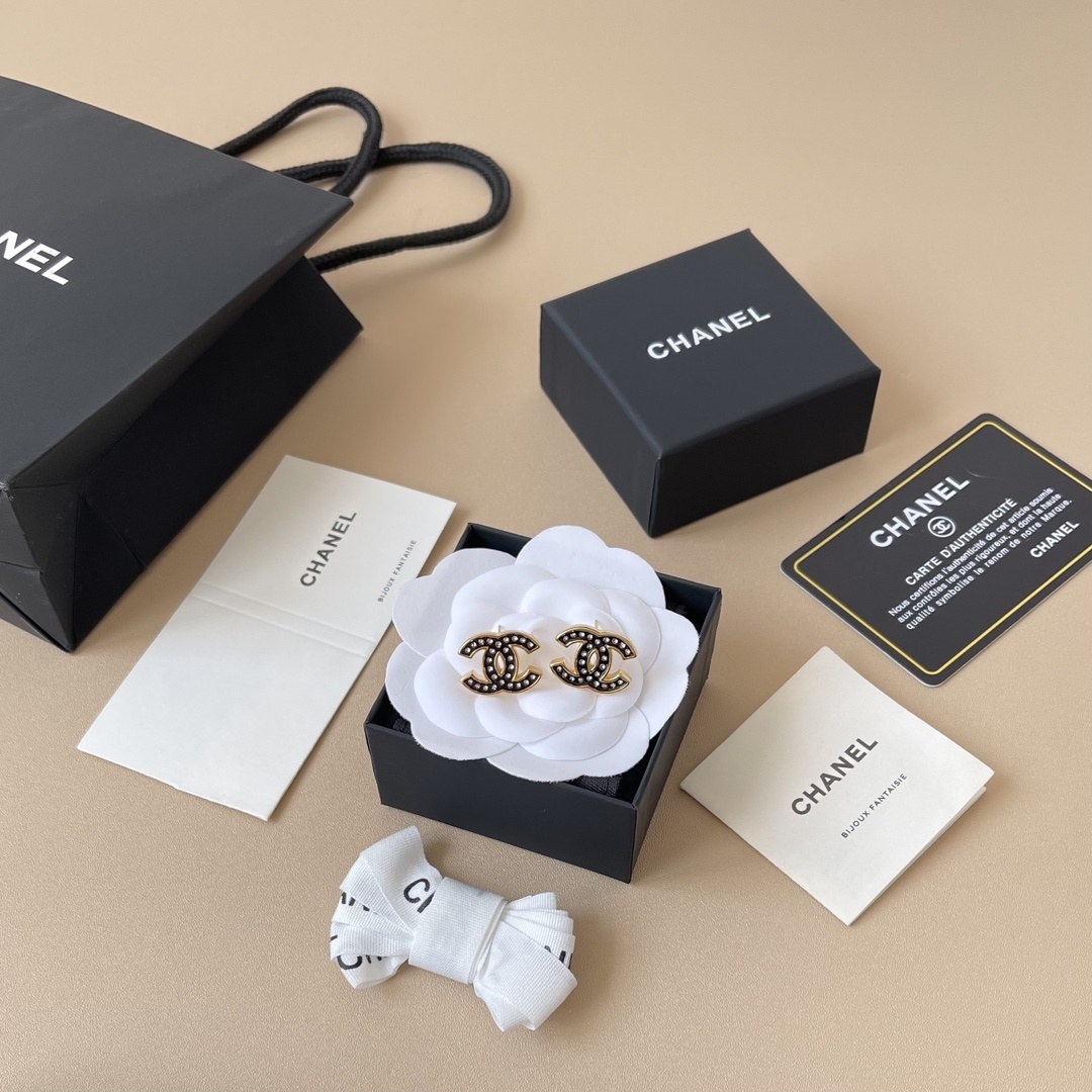 Chanel Classic CC Stud Earrings - Black Enamel & Gold with Crystals