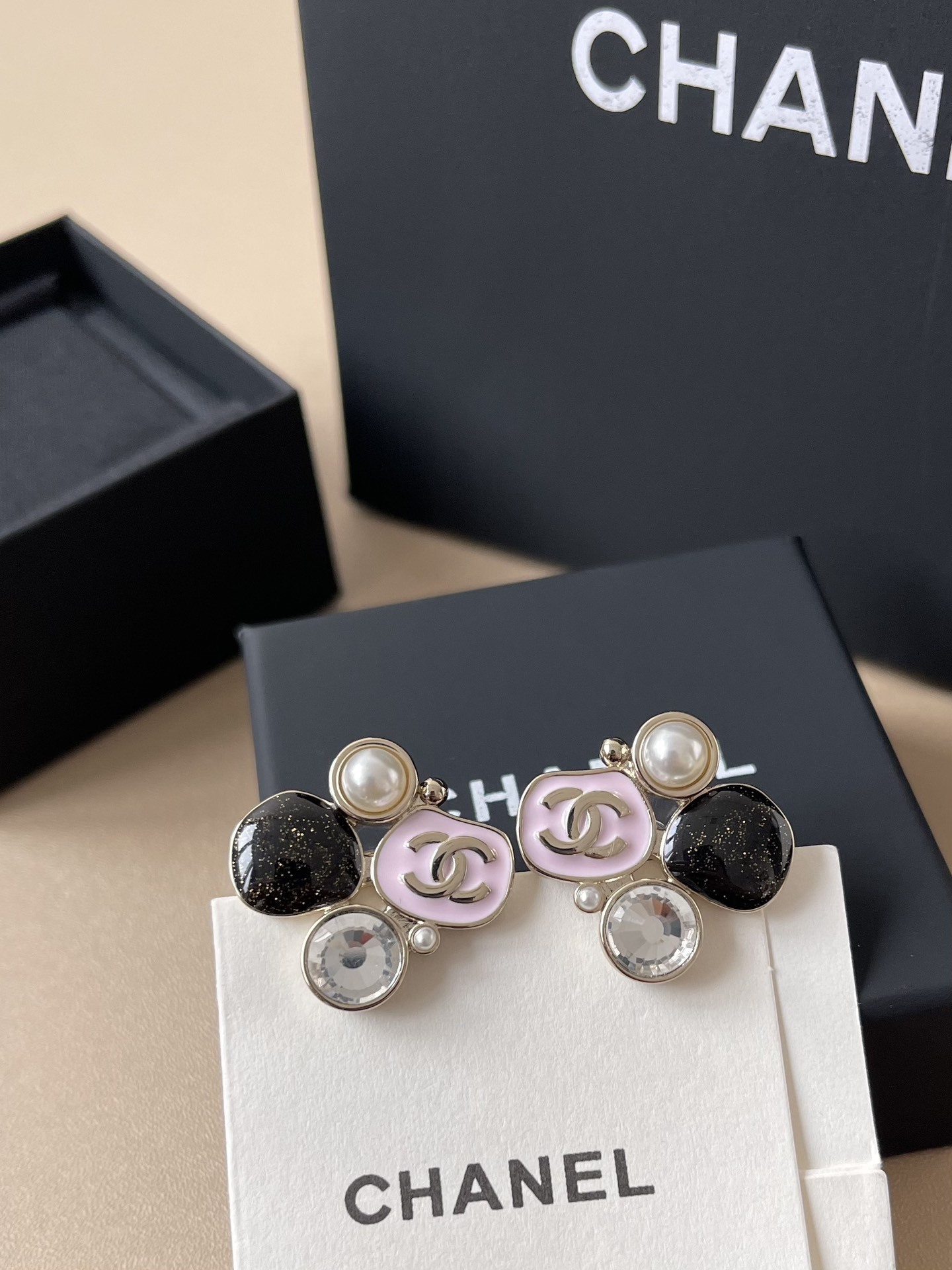 Chanel CC Logo Earrings with Pink Enamel, Pearl & Crystal Accents