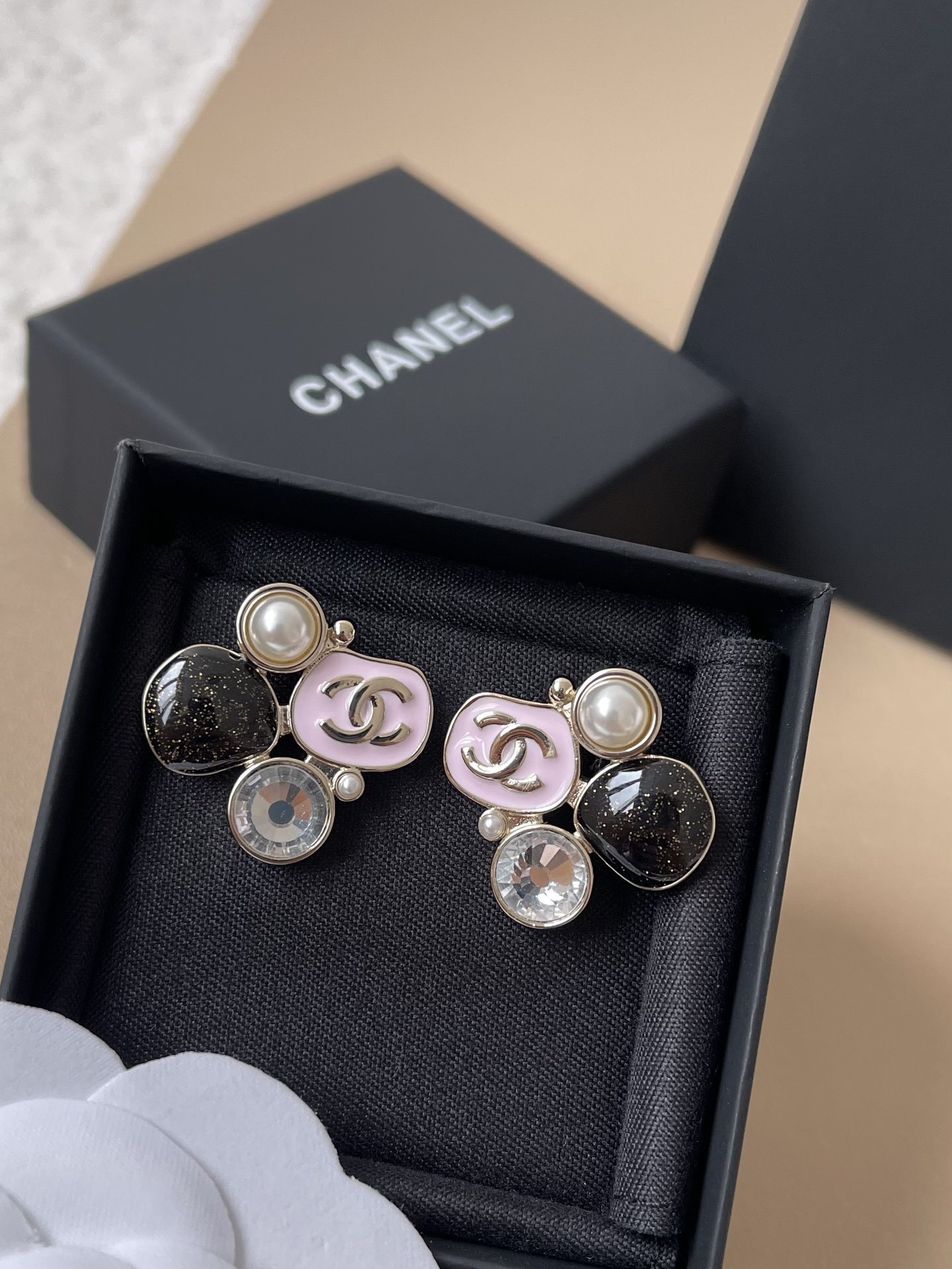 Chanel CC Logo Earrings with Pink Enamel, Pearl & Crystal Accents