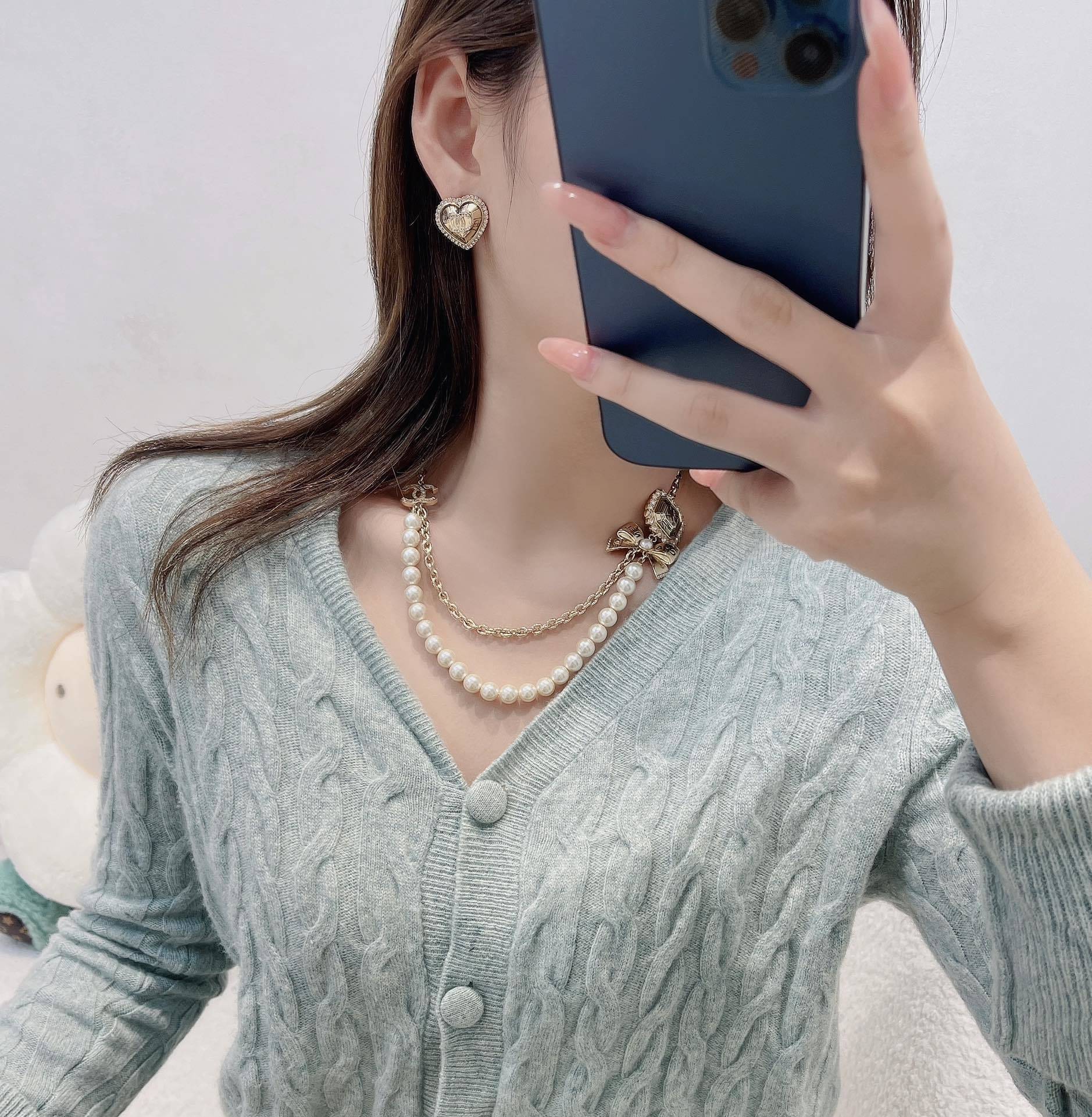 Chanel Gold Heart CC Logo Stud Earrings with Crystal Border