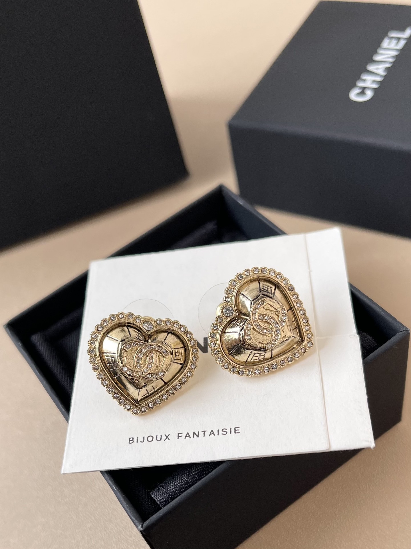 Chanel Gold Heart CC Logo Stud Earrings with Crystal Border