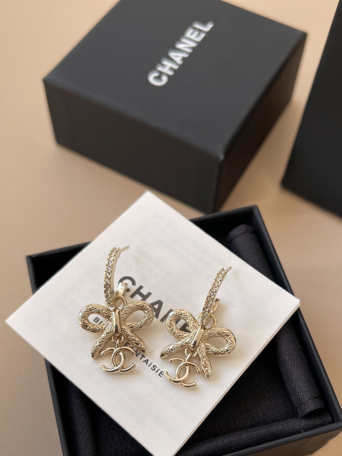 Luxury Gold Bow & CC Logo Earrings - Elegant Crystal Dangle Studs