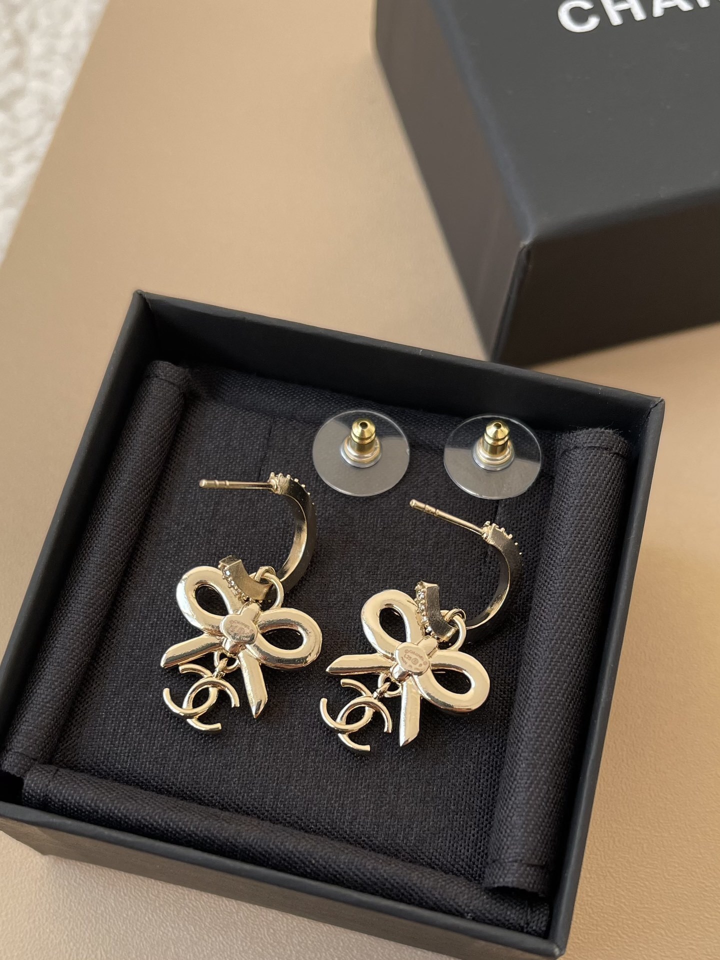 Luxury Gold Bow & CC Logo Earrings - Elegant Crystal Dangle Studs