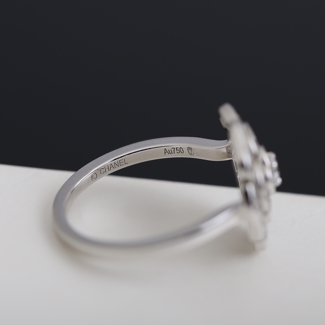 Elegant Chanel Camellia Flower Ring - Luxury White Gold Finish