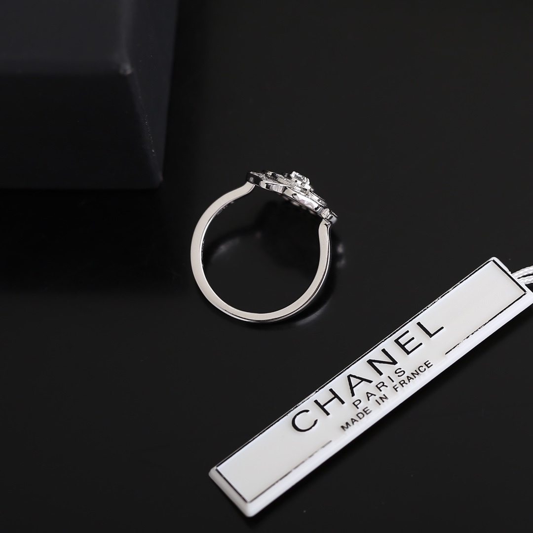 Elegant Chanel Camellia Flower Ring - Luxury White Gold Finish