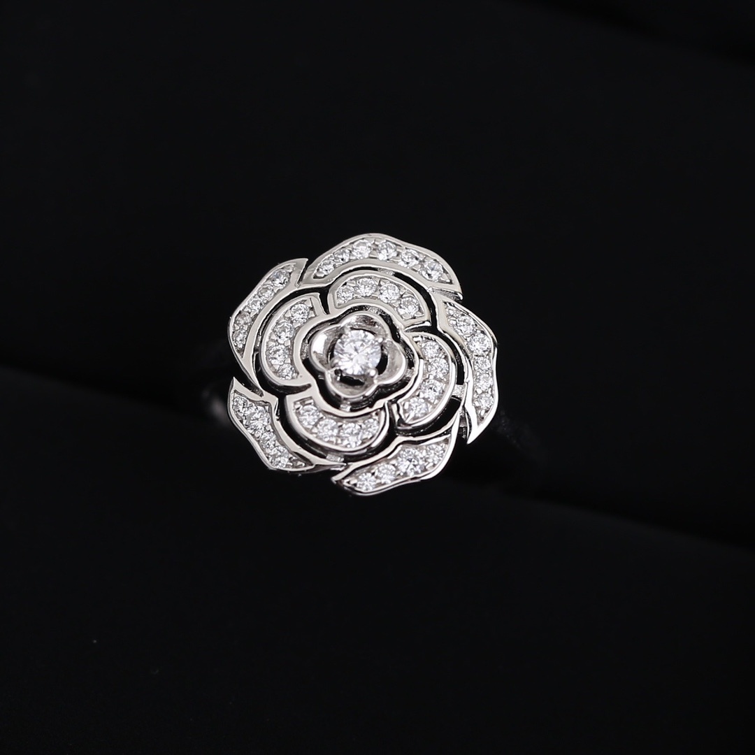 Elegant Chanel Camellia Flower Ring - Luxury White Gold Finish
