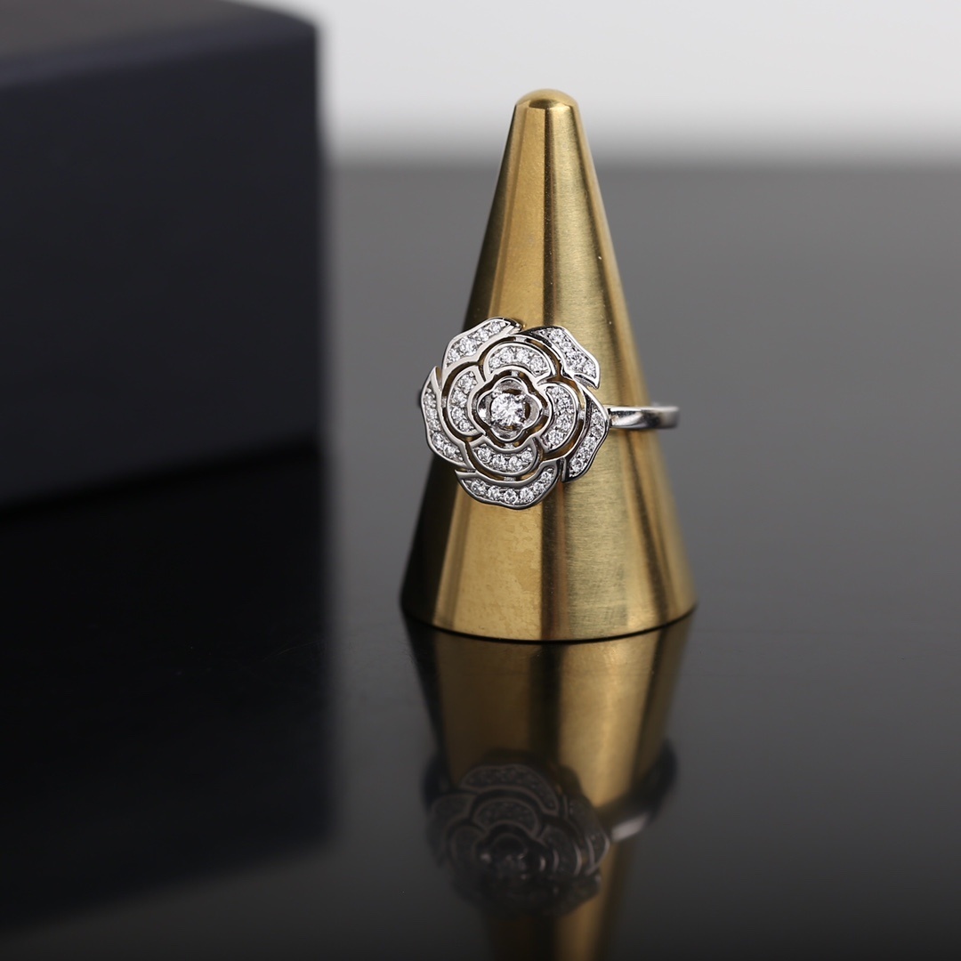 Elegant Chanel Camellia Flower Ring - Luxury White Gold Finish