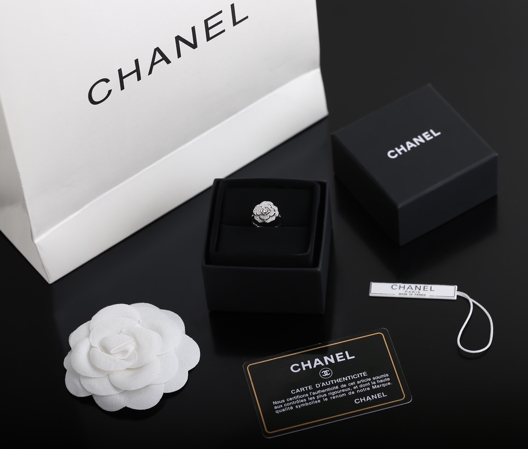 Elegant Chanel Camellia Flower Ring - Luxury White Gold Finish