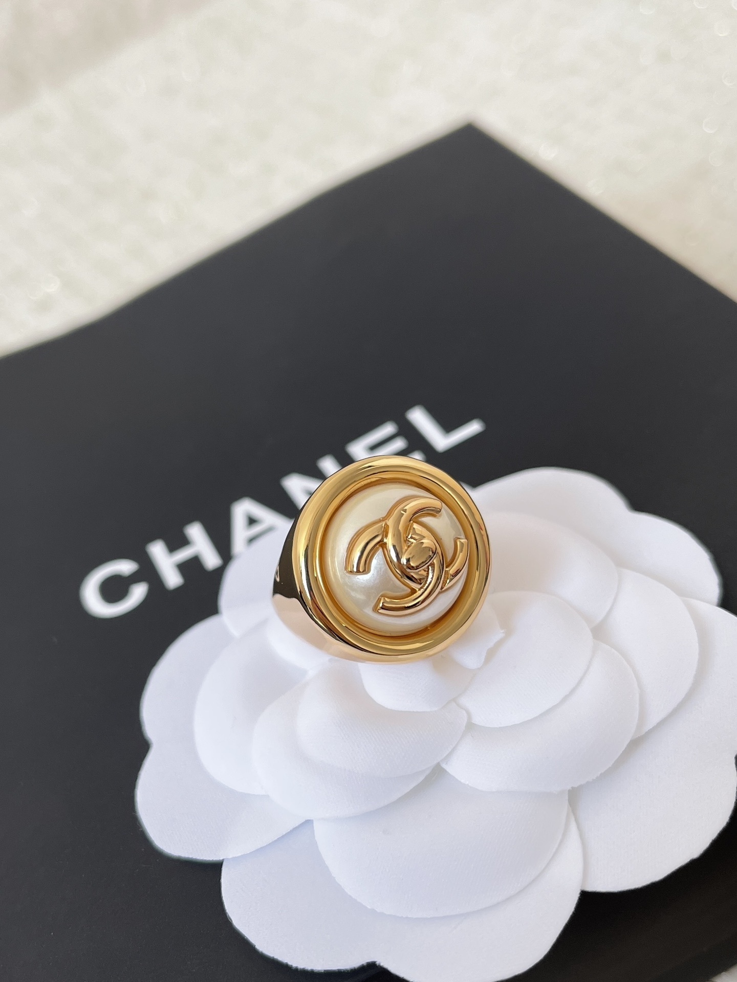 Luxury Chanel CC Logo Pearl Ring - Gold Finish Statement Jewelry