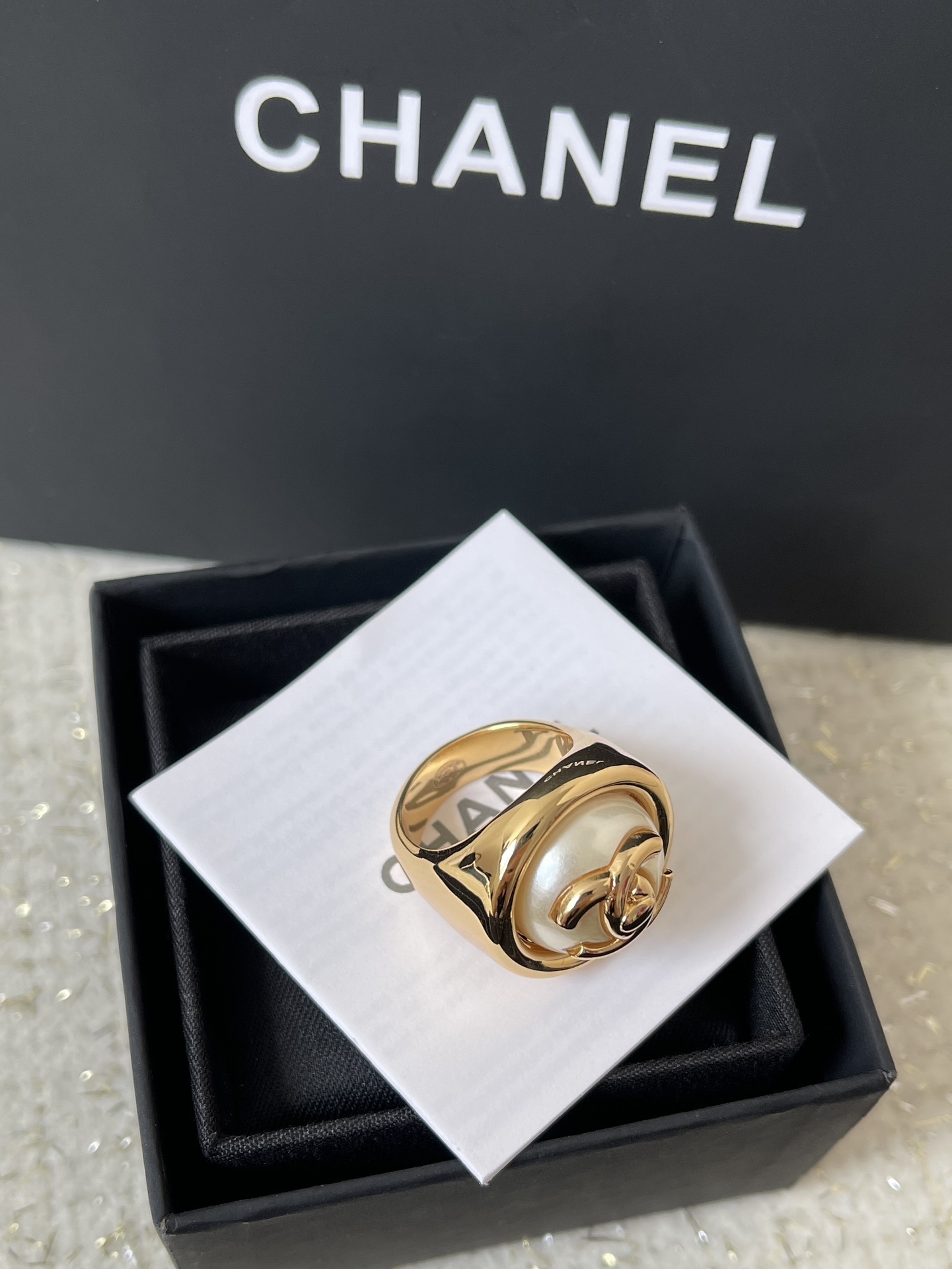 Luxury Chanel CC Logo Pearl Ring - Gold Finish Statement Jewelry