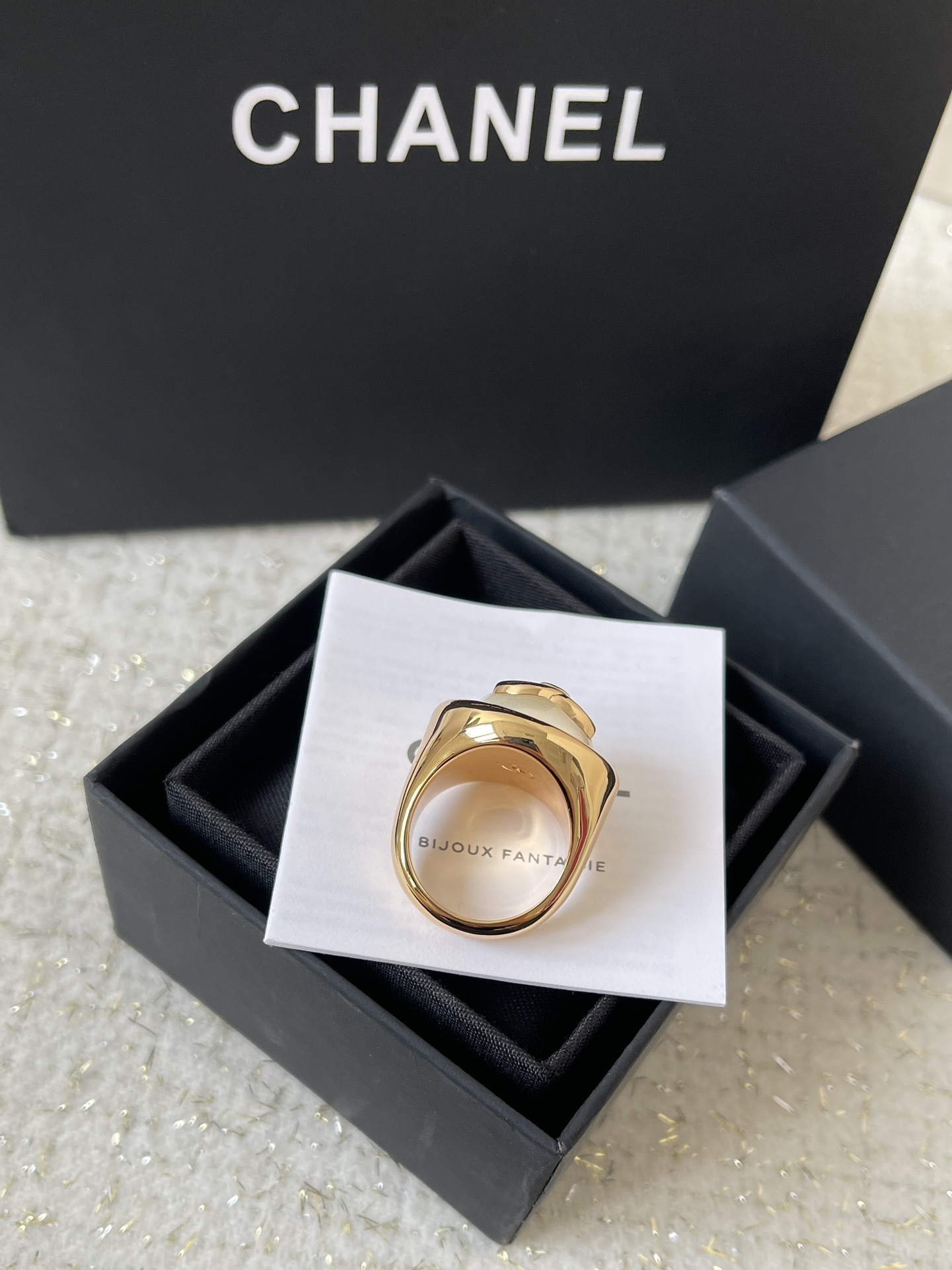 Luxury Chanel CC Logo Pearl Ring - Gold Finish Statement Jewelry