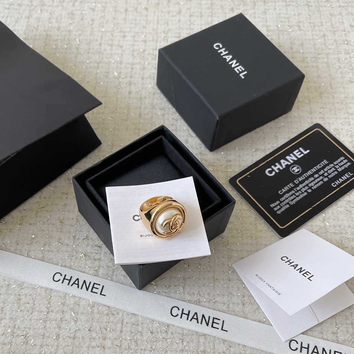 Luxury Chanel CC Logo Pearl Ring - Gold Finish Statement Jewelry
