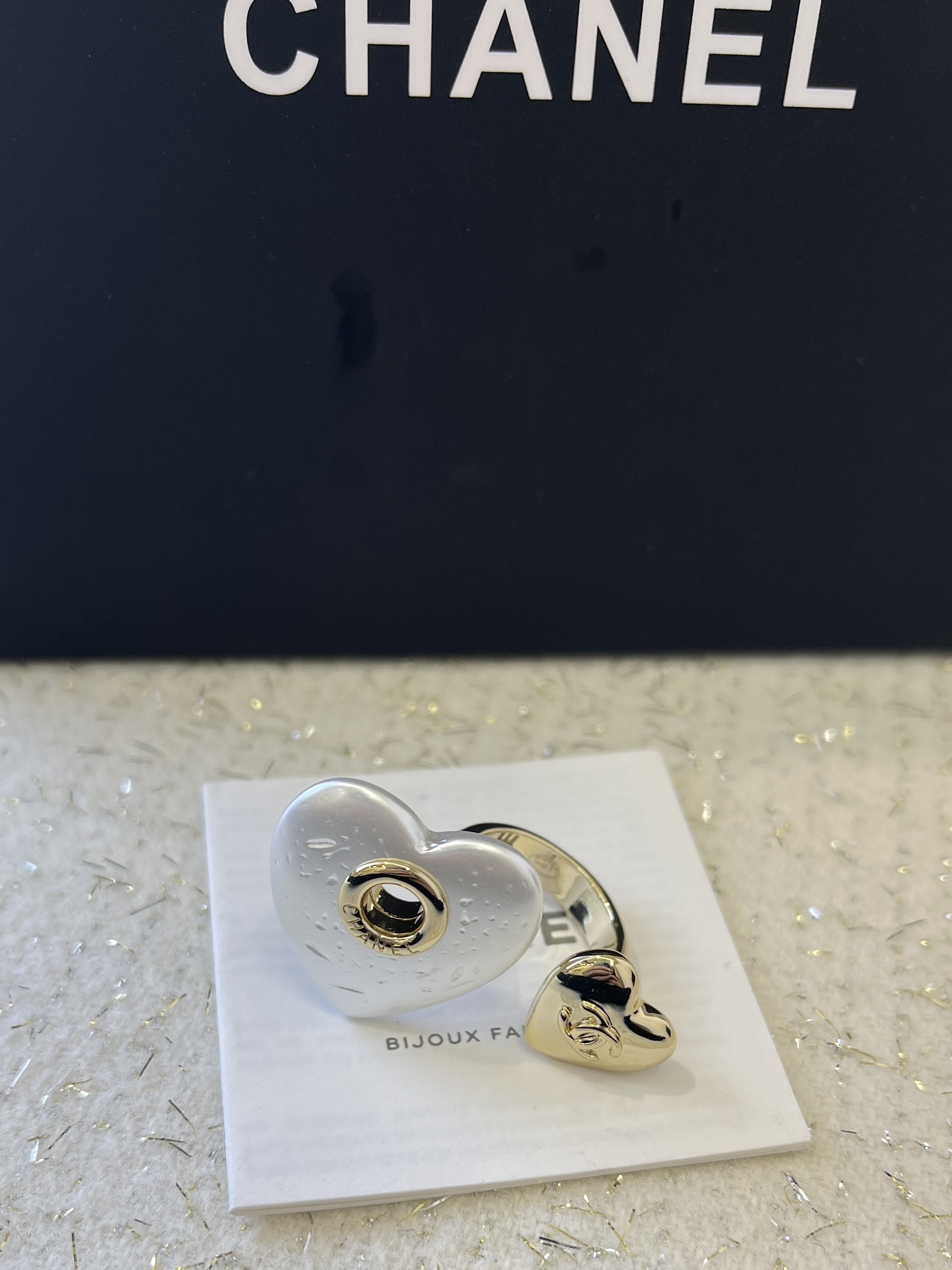 Chanel Luxury Double Heart Ring - Gold Finish & White Pearl CC Logo