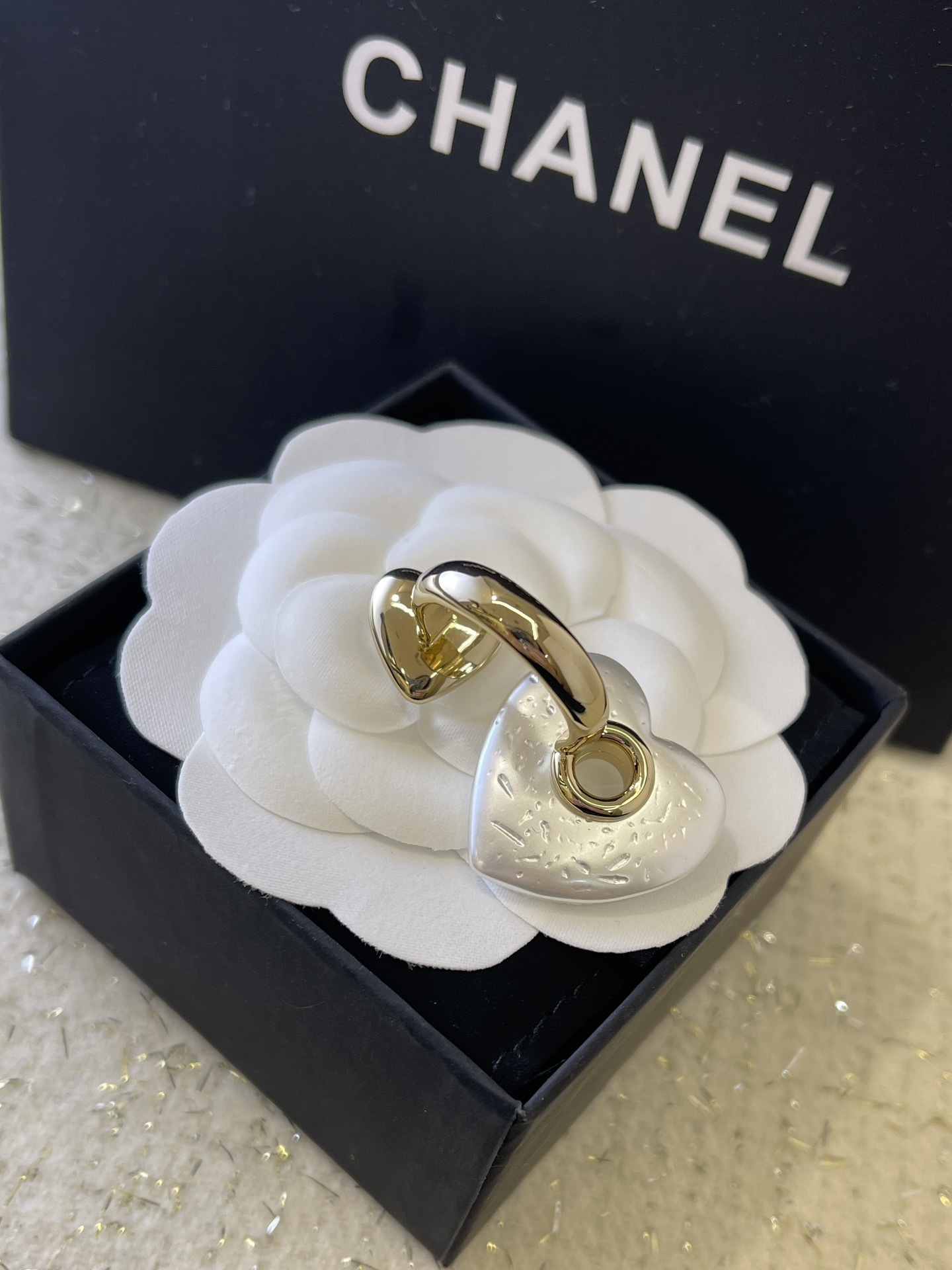 Chanel Luxury Double Heart Ring - Gold Finish & White Pearl CC Logo