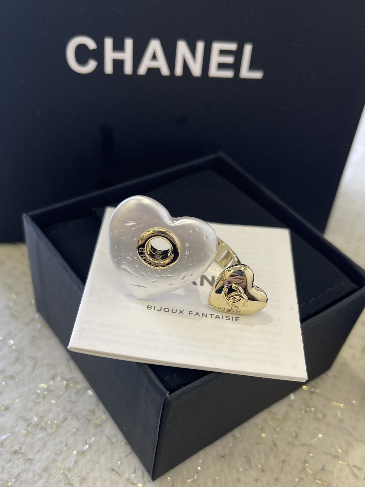 Chanel Luxury Double Heart Ring - Gold Finish & White Pearl CC Logo