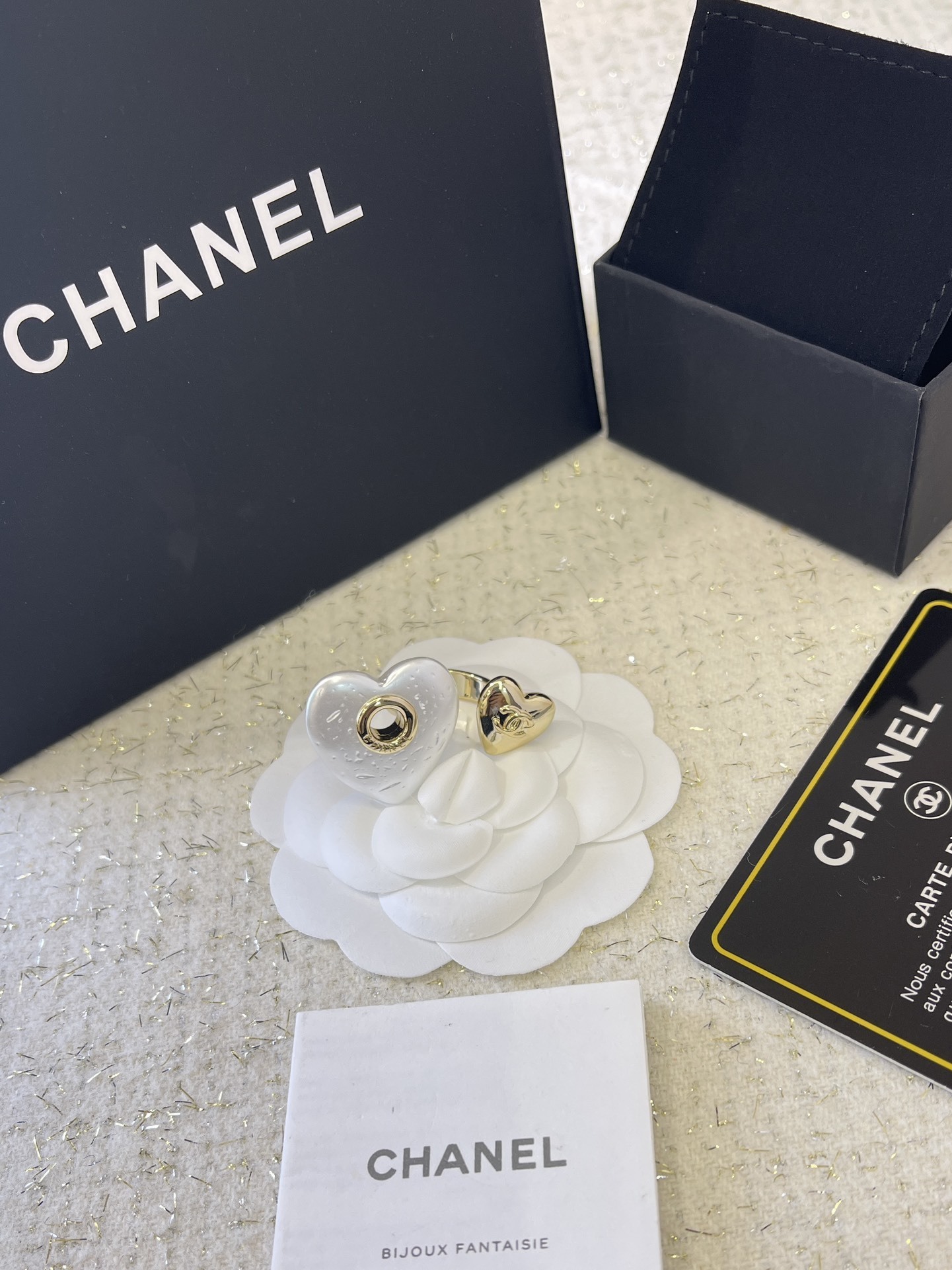 Chanel Luxury Double Heart Ring - Gold Finish & White Pearl CC Logo