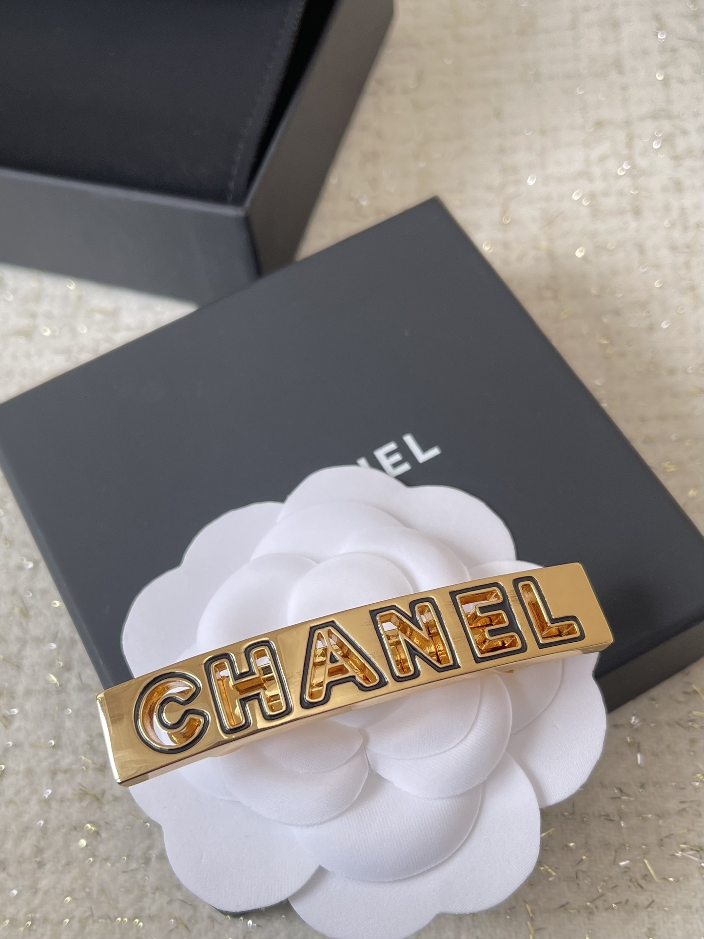 Chanel Gold-Finish Metal & Black Enamel Barrette Hair Clip
