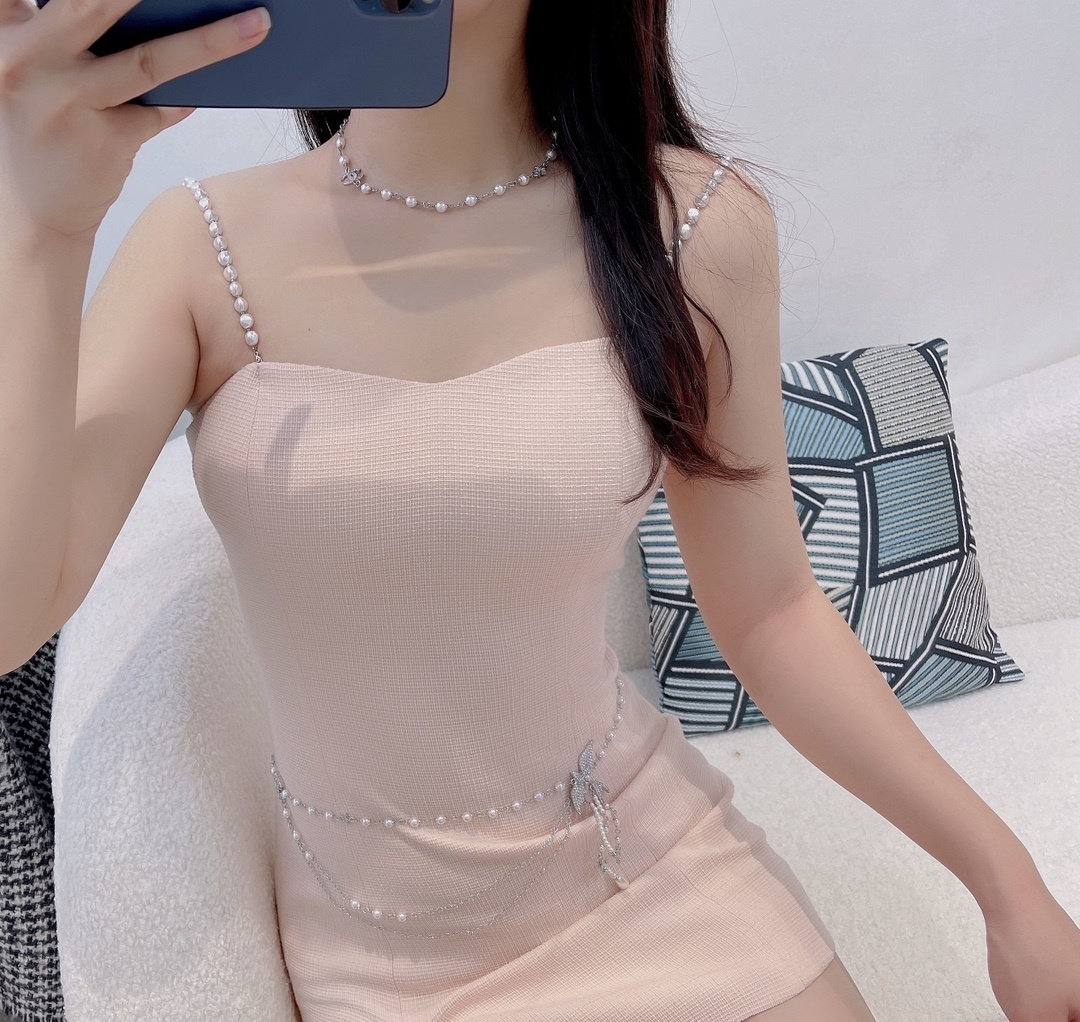 Elegant Pearl & Crystal Waist Chain Belt with CC Logo Charm