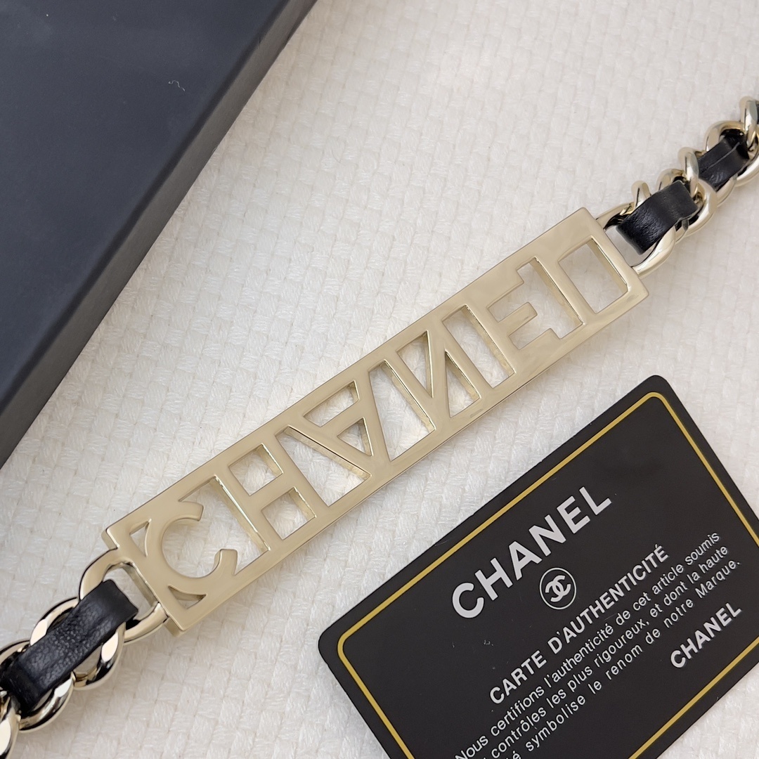 Chanel Logo Crystal Chain Belt - Gold & Black Leather Waist Accessory