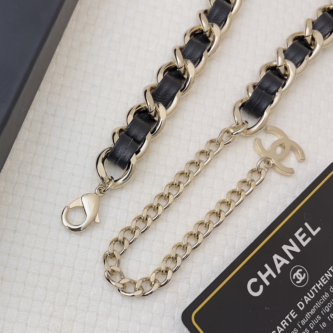 Chanel Logo Crystal Chain Belt - Gold & Black Leather Waist Accessory