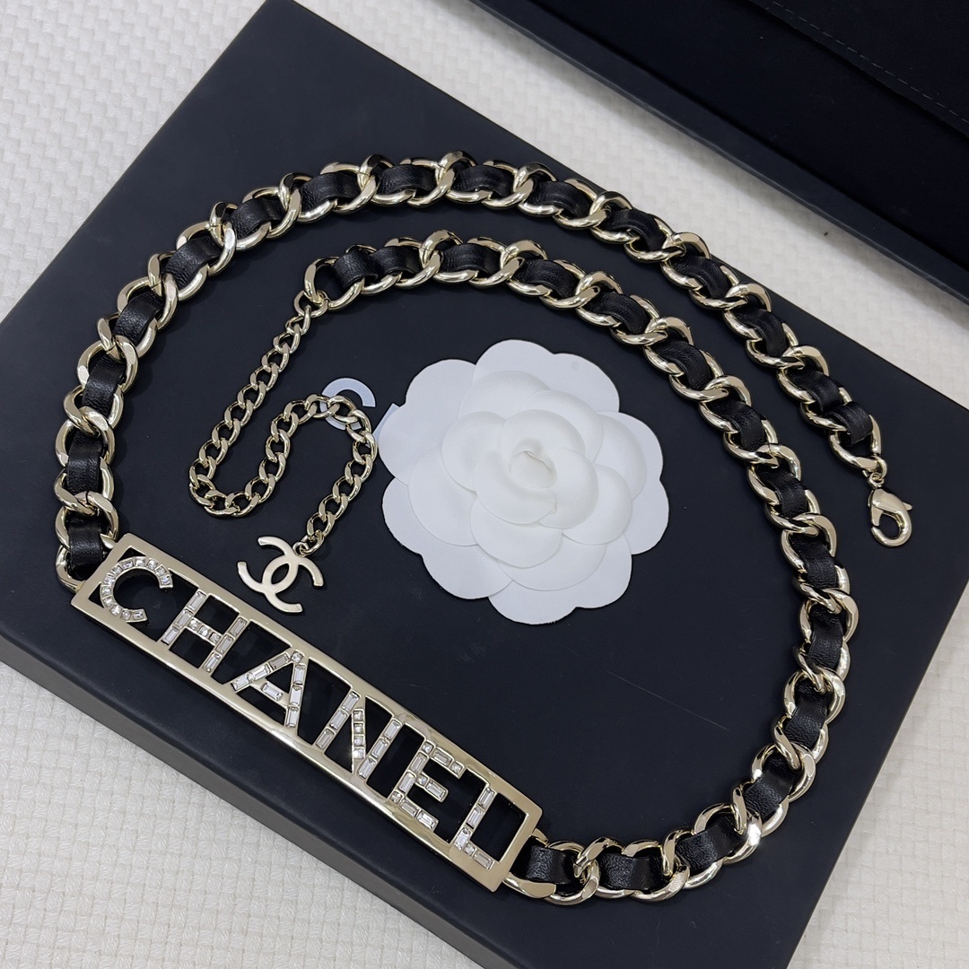 Chanel Logo Crystal Chain Belt - Gold & Black Leather Waist Accessory