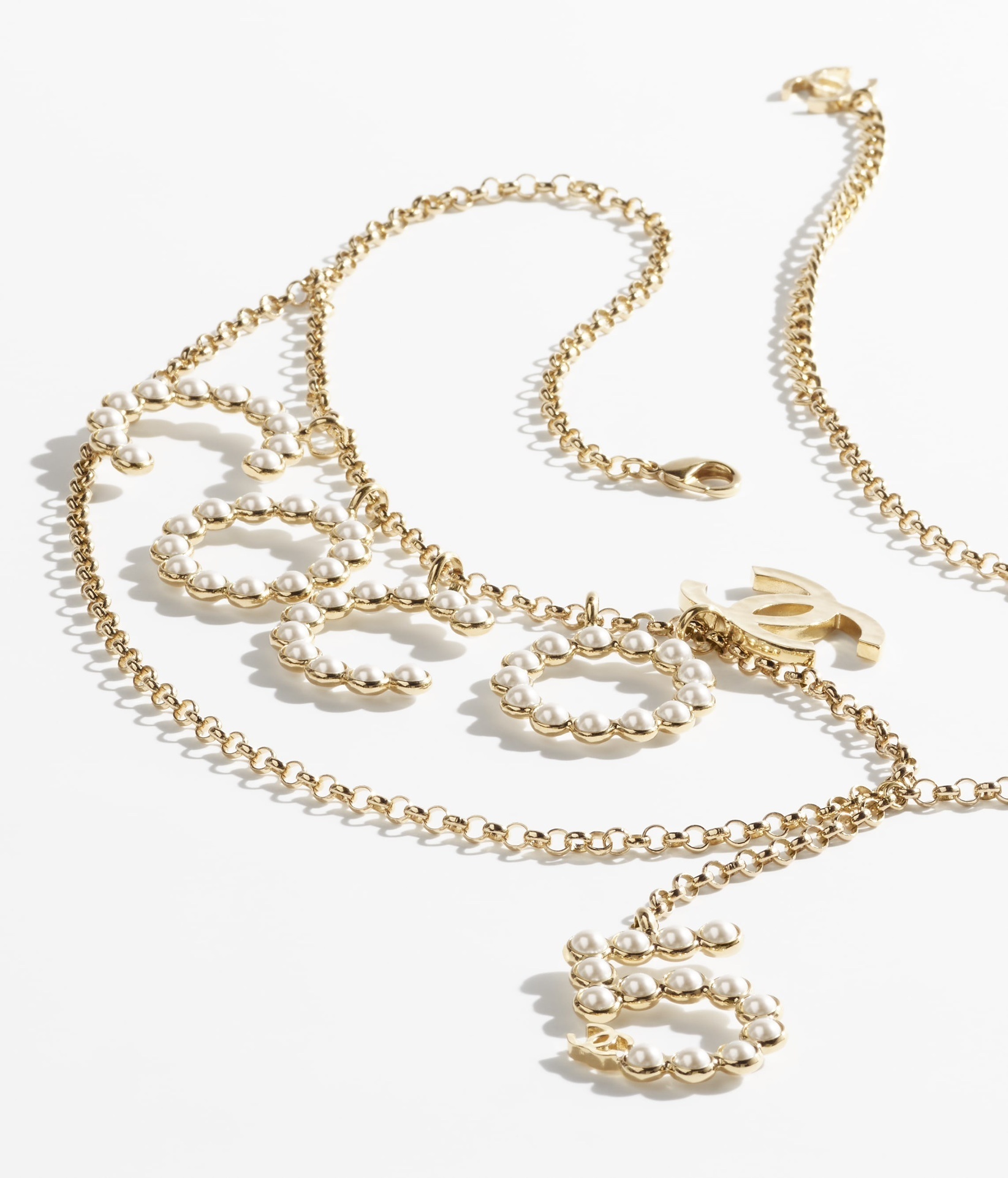 Chanel Luxury Gold-Tone Pearl COCO CC Logo & Number 5 Chain Belt