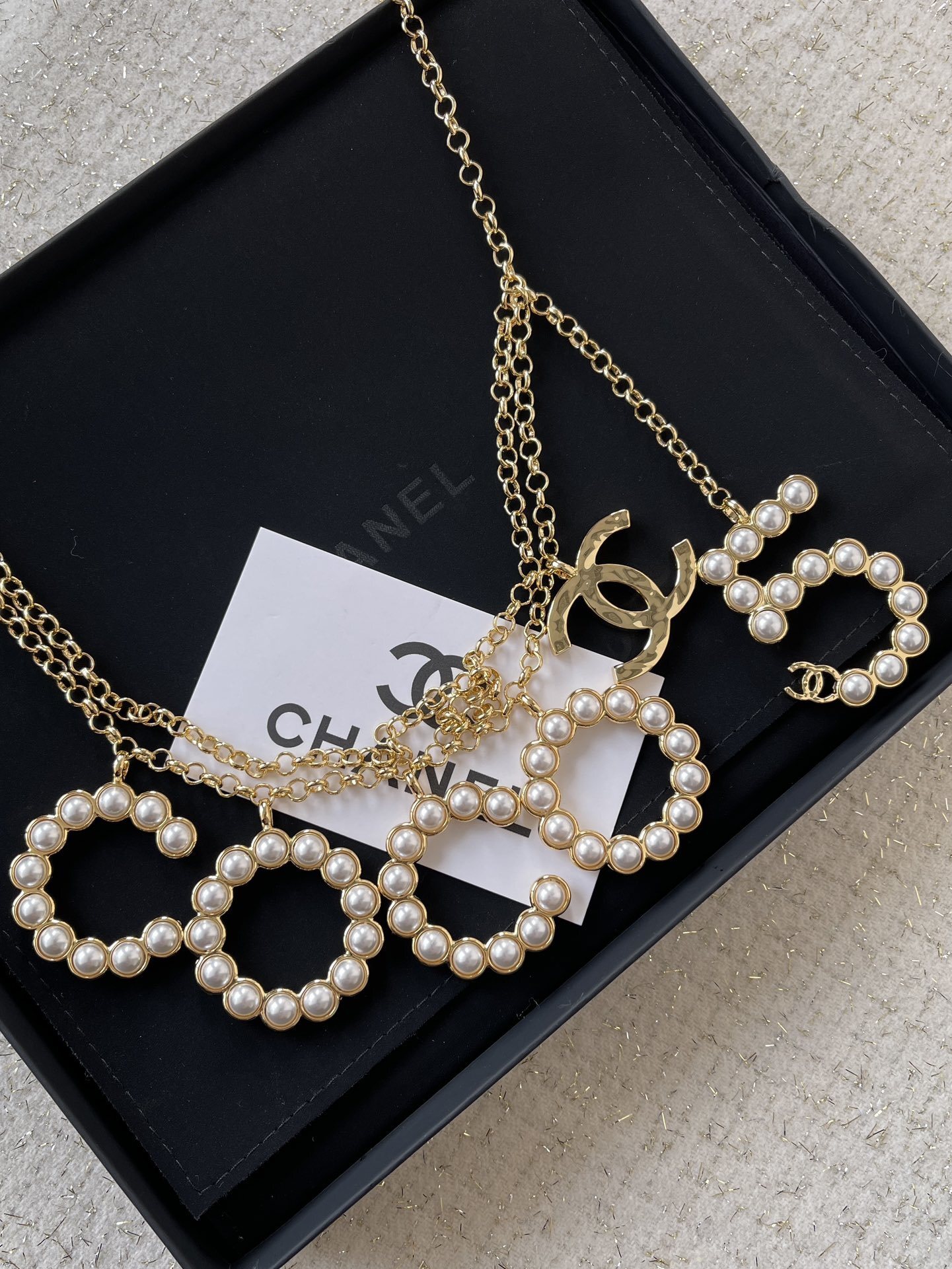 Chanel Luxury Gold-Tone Pearl COCO CC Logo & Number 5 Chain Belt