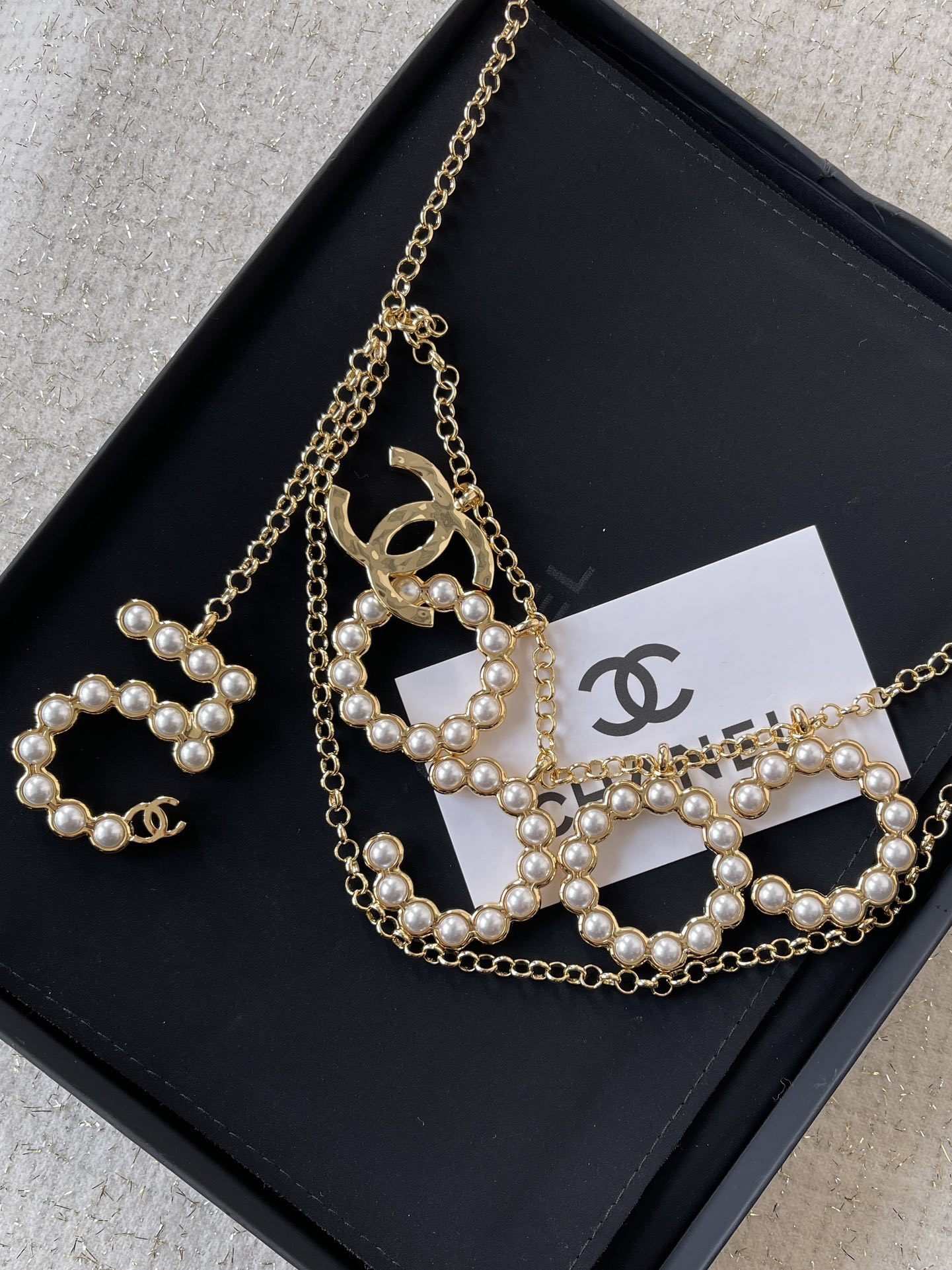 Chanel Luxury Gold-Tone Pearl COCO CC Logo & Number 5 Chain Belt