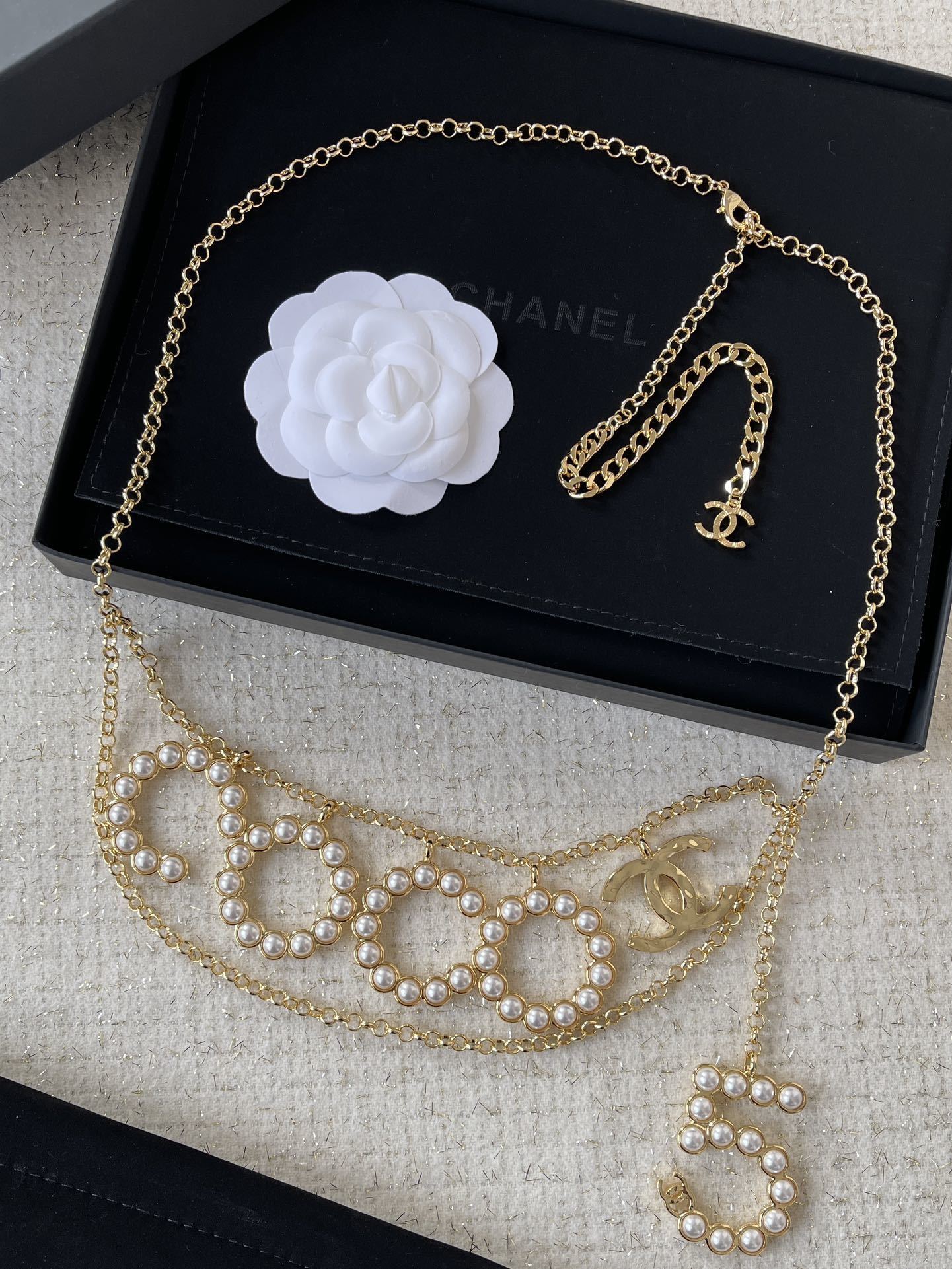 Chanel Luxury Gold-Tone Pearl COCO CC Logo & Number 5 Chain Belt