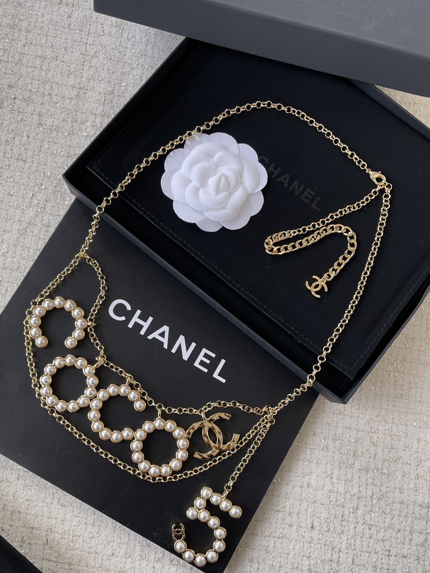 Chanel Luxury Gold-Tone Pearl COCO CC Logo & Number 5 Chain Belt
