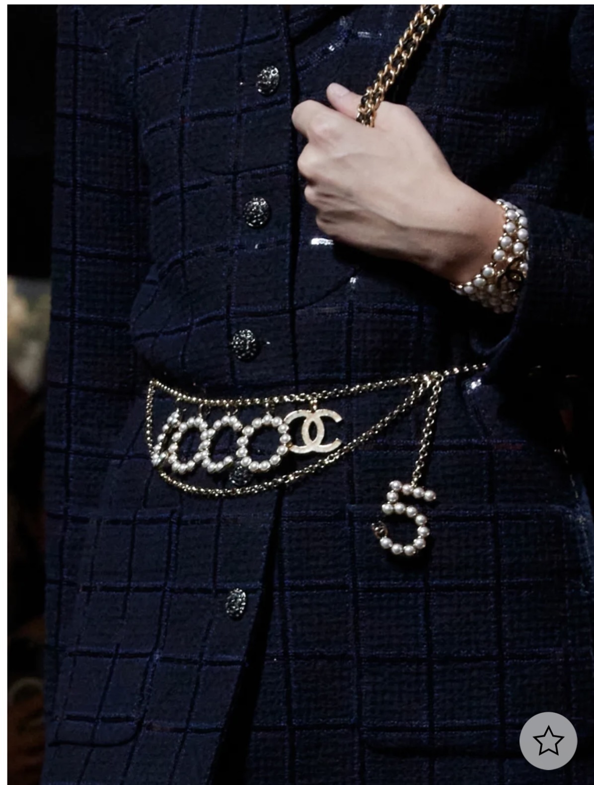 Chanel Luxury Gold-Tone Pearl COCO CC Logo & Number 5 Chain Belt
