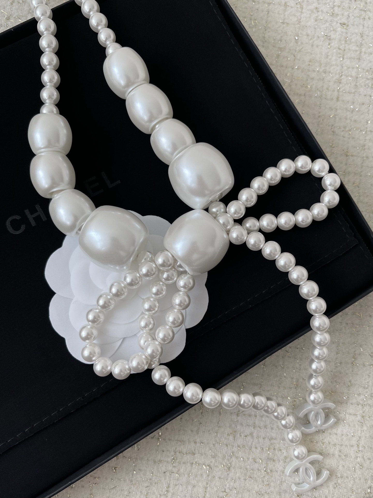 Luxury Pearl Bow Necklace & Belt with Camellia Flower CC Logo