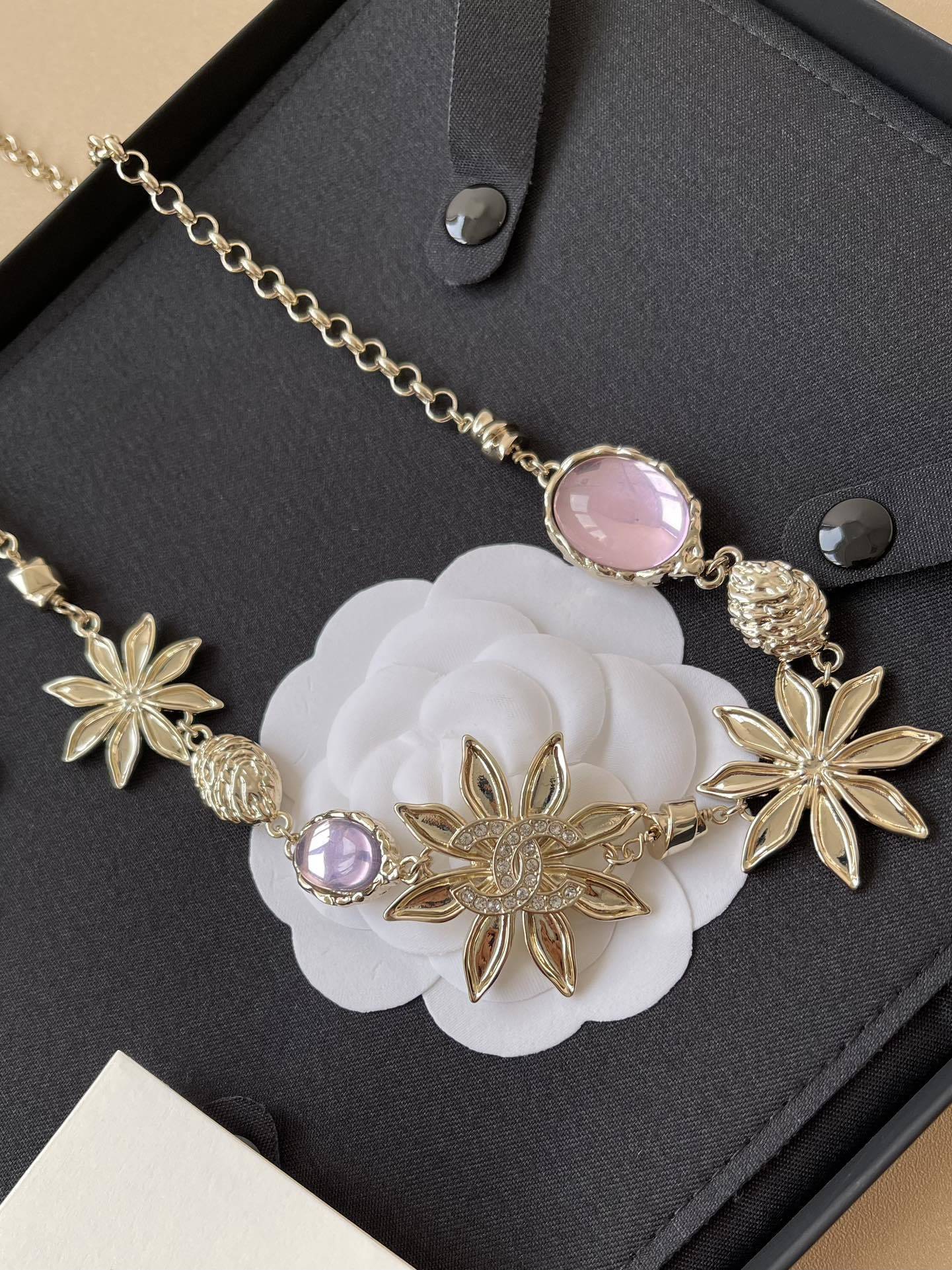 Chanel Gold Floral Necklace & Waist Chain with Pink Crystals