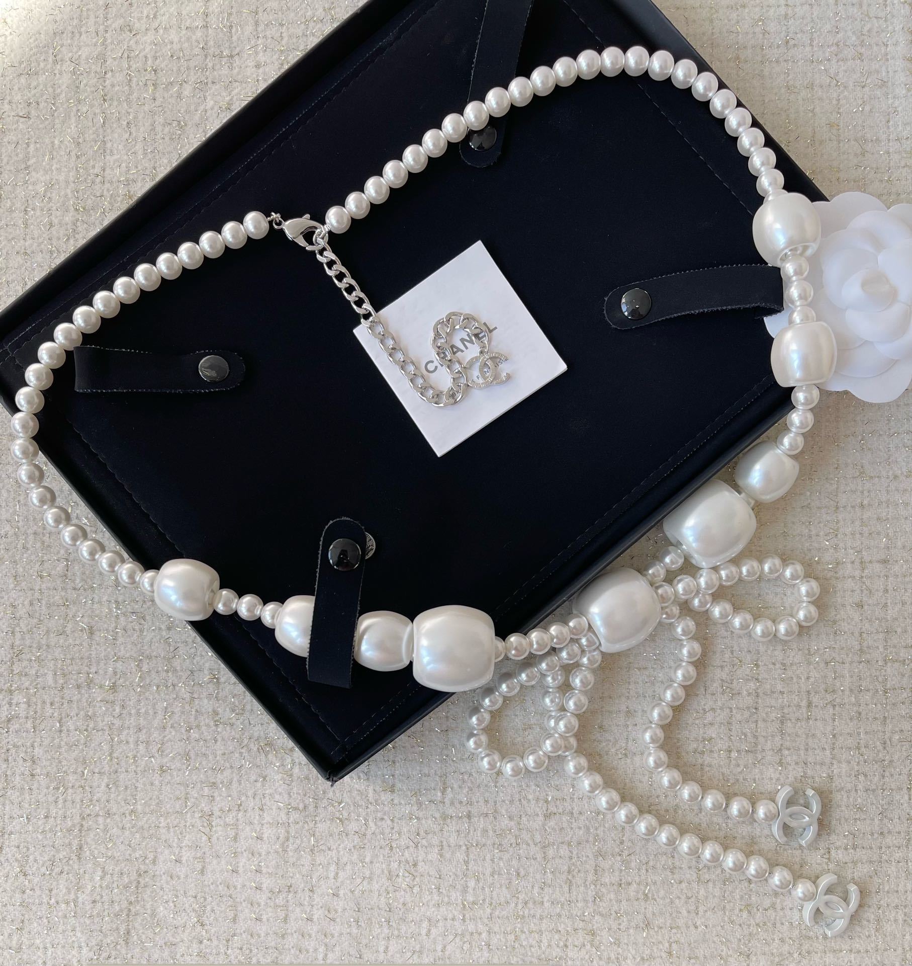 Elegant Pearl Bow Long Necklace & Waist Chain Belt with CC Logo
