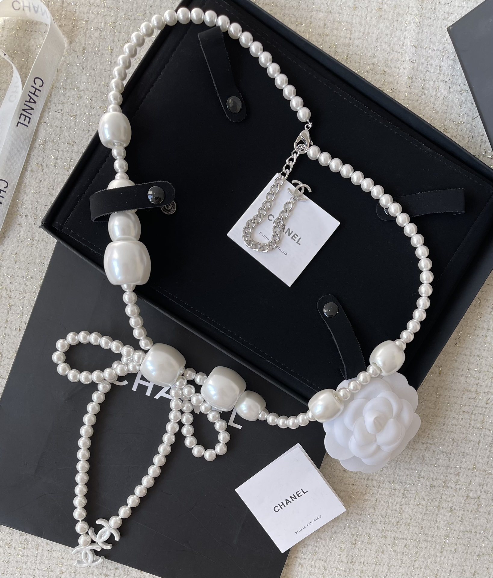 Elegant Pearl Bow Long Necklace & Waist Chain Belt with CC Logo