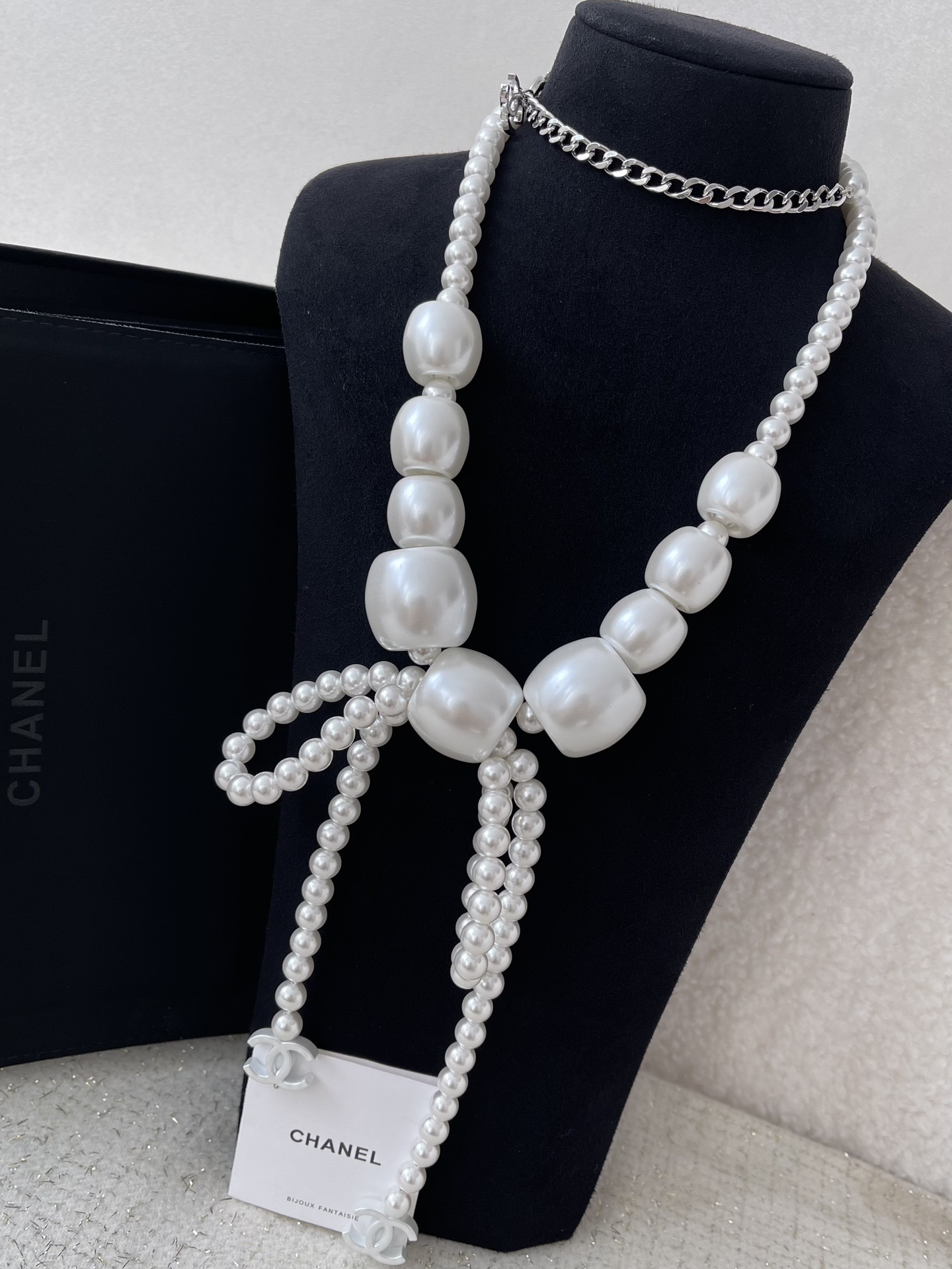 Elegant Pearl Bow Long Necklace & Waist Chain Belt with CC Logo