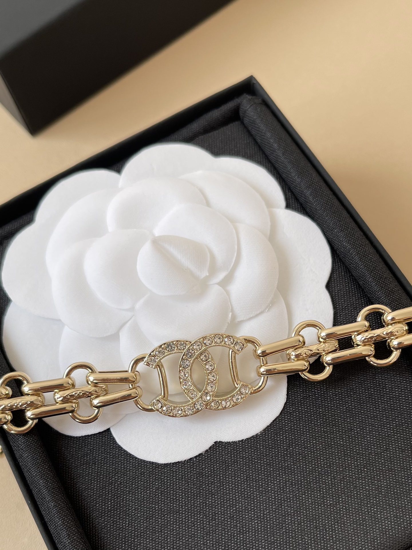 Chanel 2025/26 AW Gold-Tone Crystal CC Logo Double Chain Bracelet