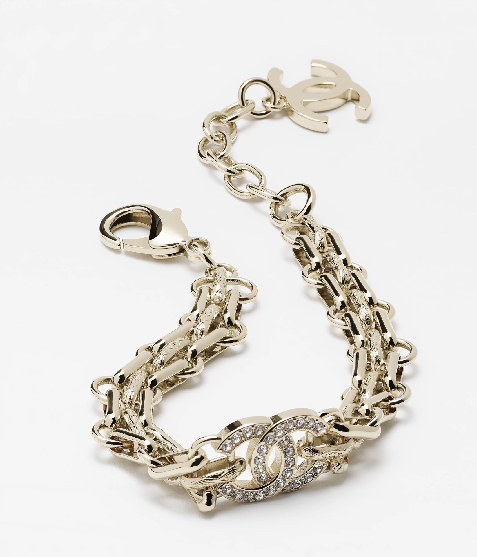 Chanel 2025/26 AW Gold-Tone Crystal CC Logo Double Chain Bracelet