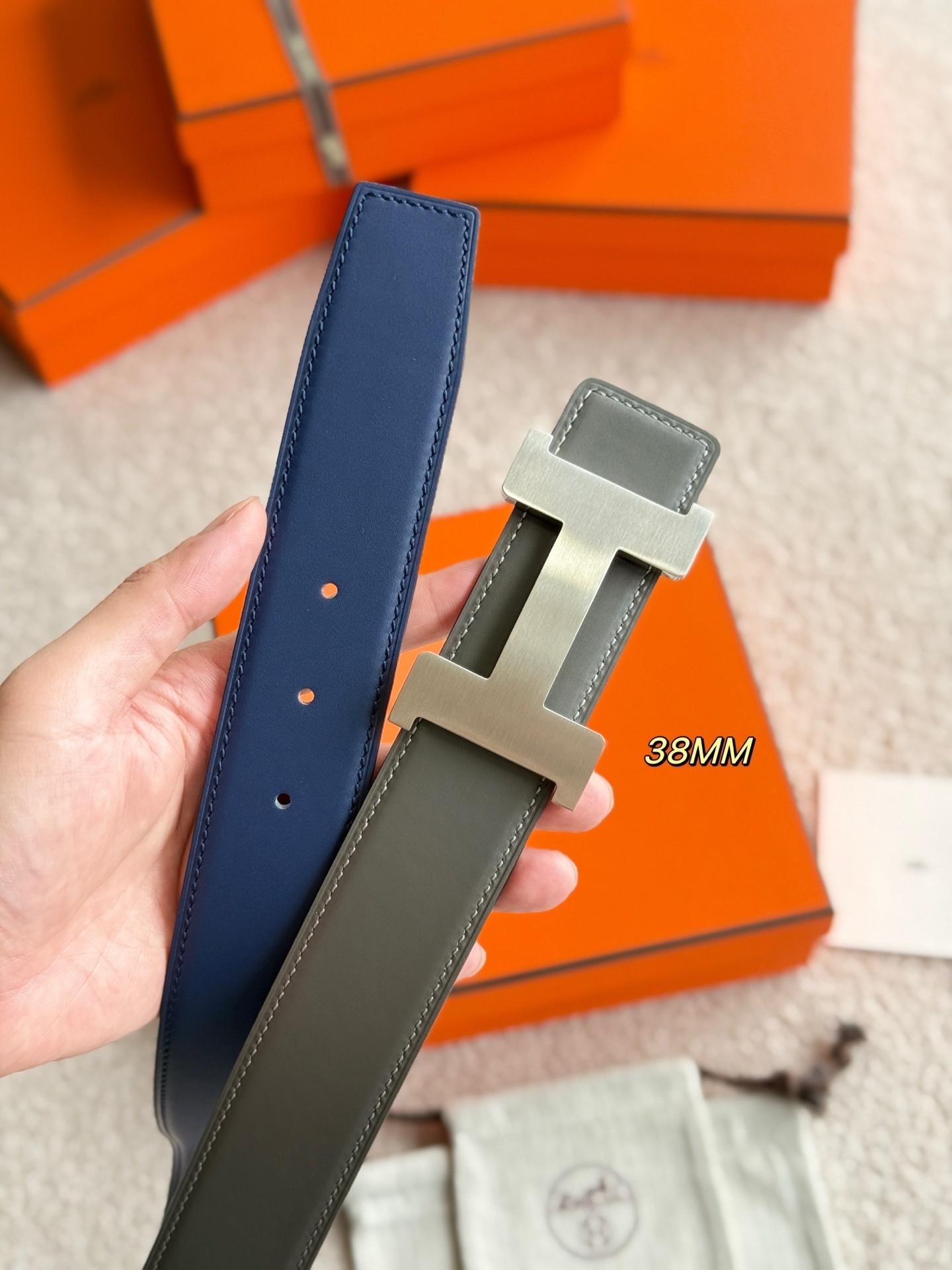 Luxury 38mm Reversible Leather Belt with Constance H Buckle