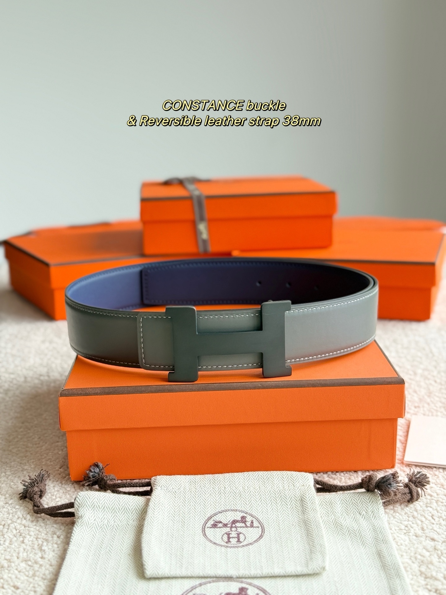 Luxury Hermes 38mm Reversible Leather Belt with Constance Buckle