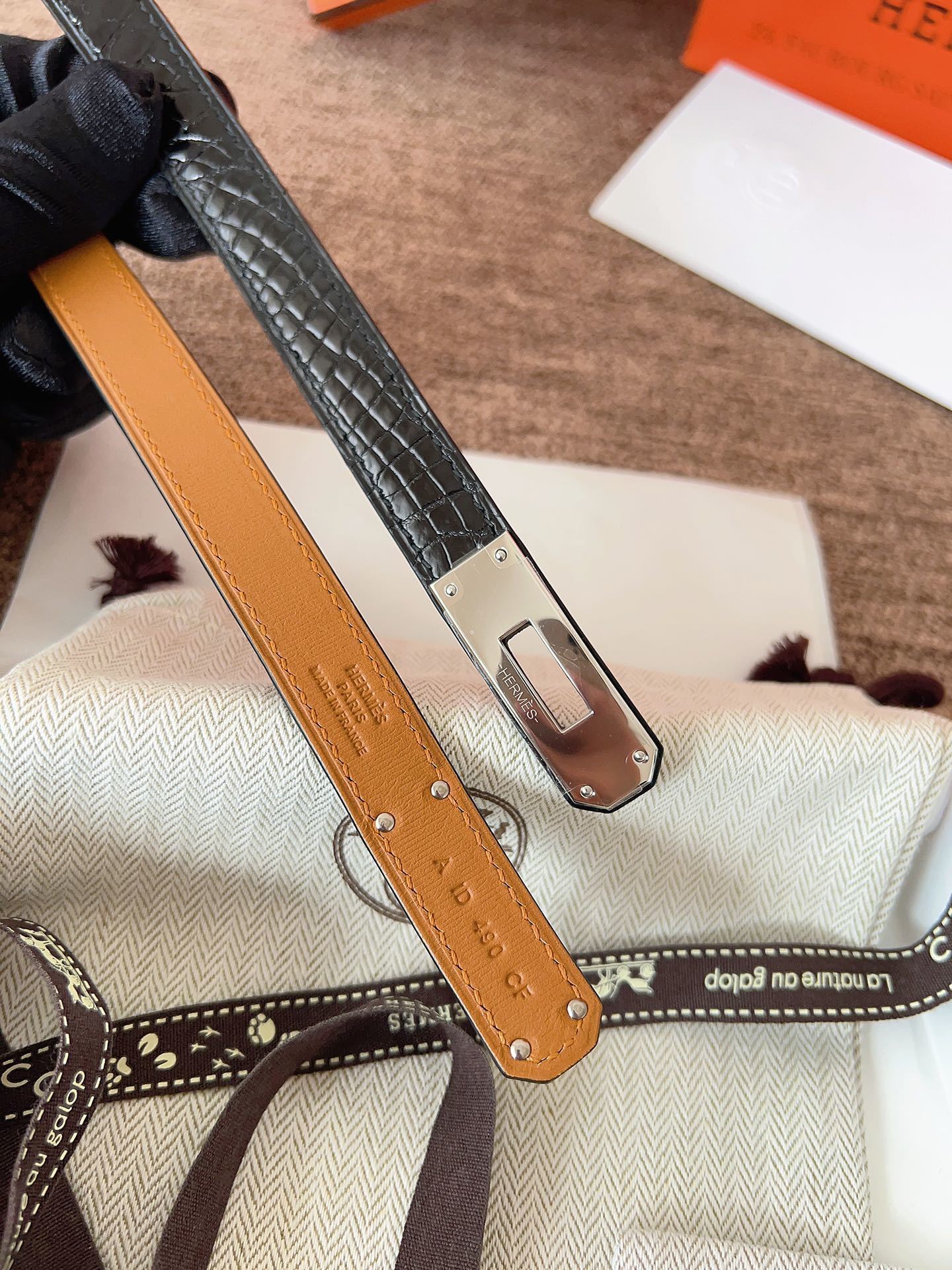 Hermes Kelly Belt - Black Crocodile Leather with Silver Buckle