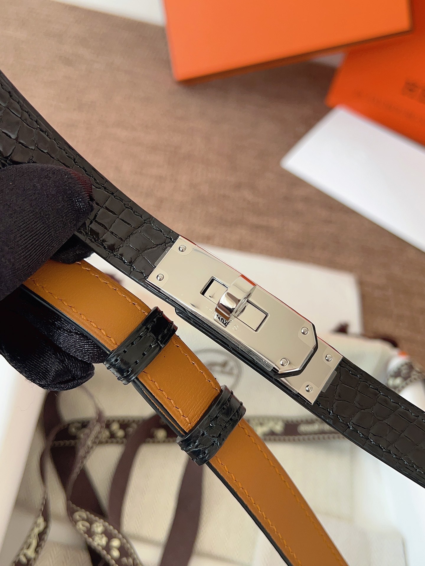 Hermes Kelly Belt - Black Crocodile Leather with Silver Buckle