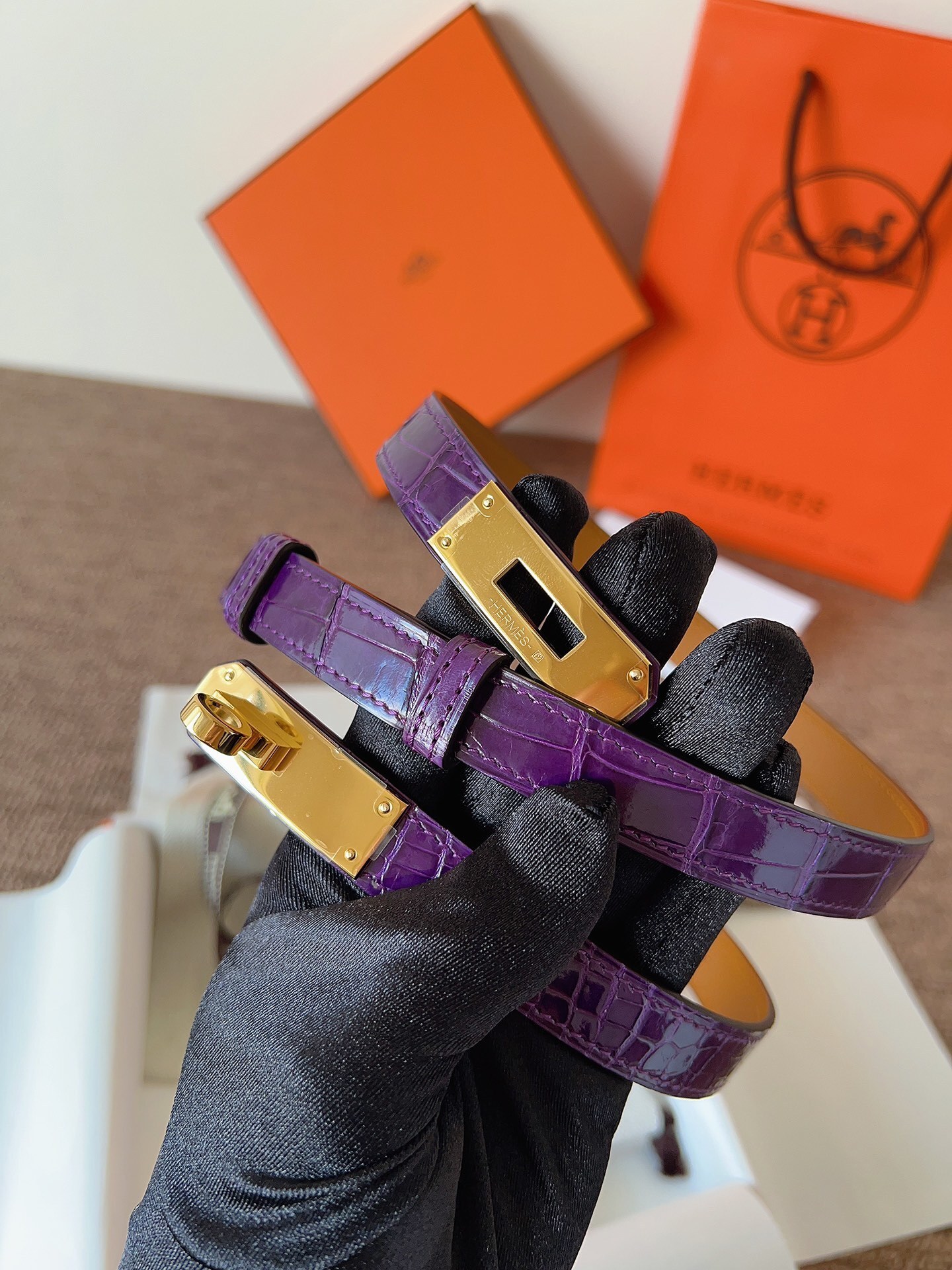Hermes Kelly Double Tour Bracelet Purple Alligator Gold Hardware