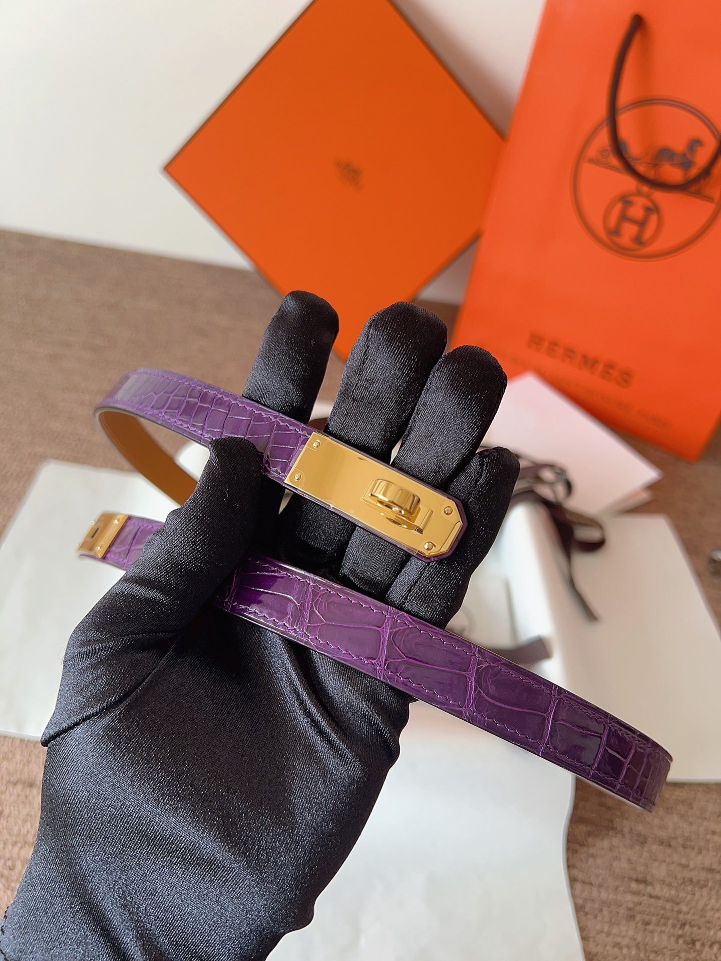 Hermes Kelly Double Tour Bracelet Purple Alligator Gold Hardware