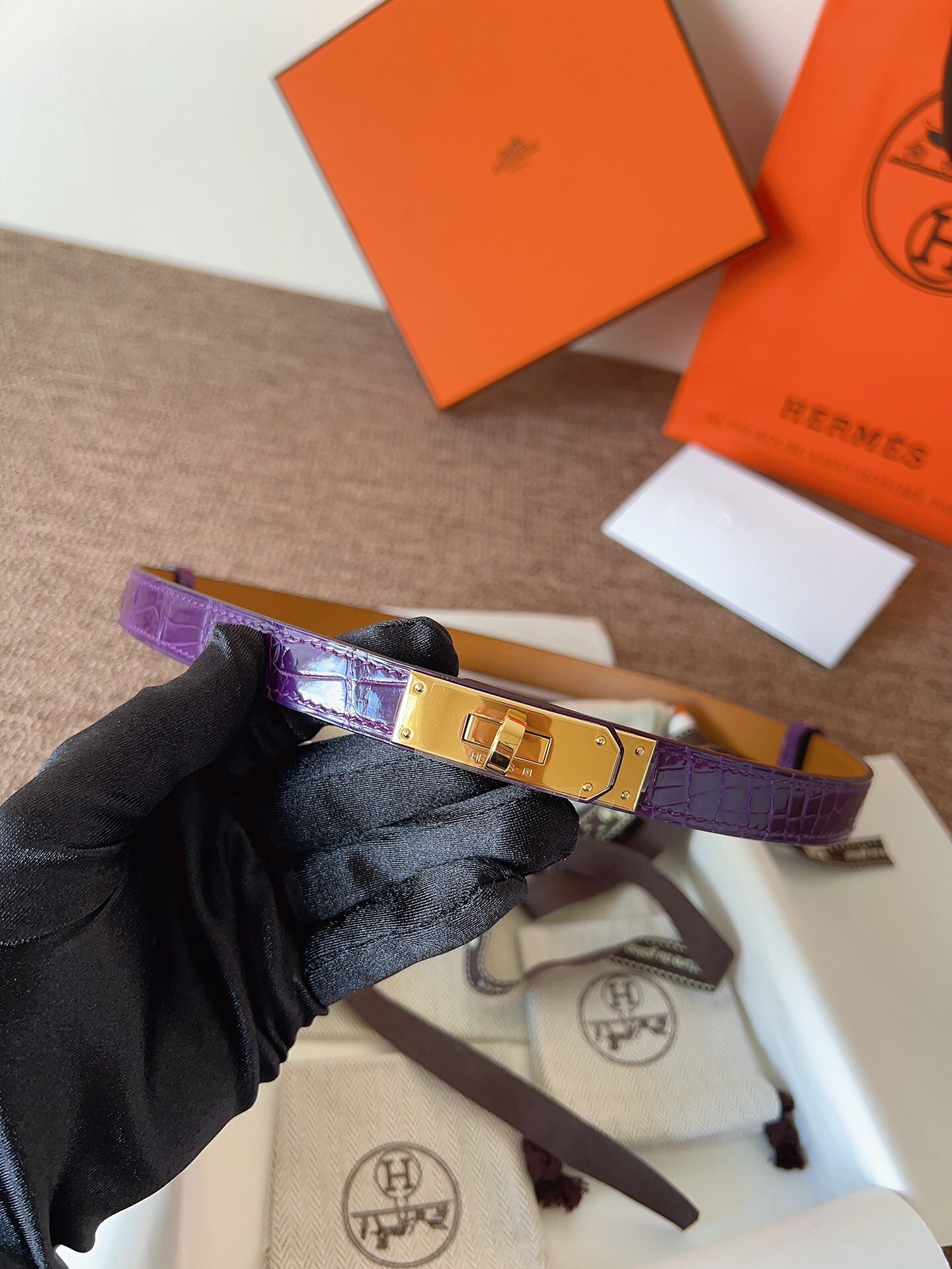 Hermes Kelly Double Tour Bracelet Purple Alligator Gold Hardware