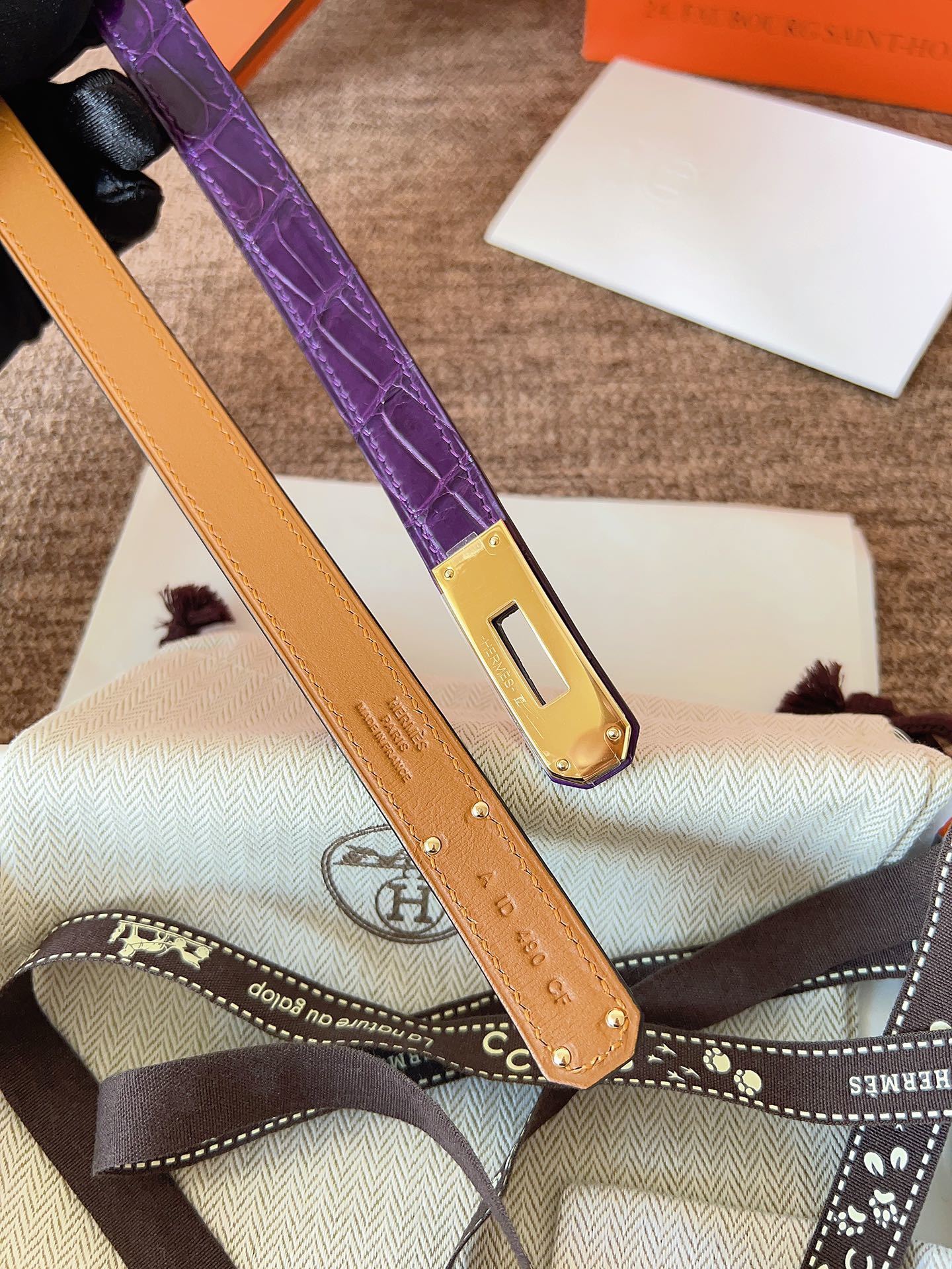 Hermes Kelly Double Tour Bracelet Purple Alligator Gold Hardware