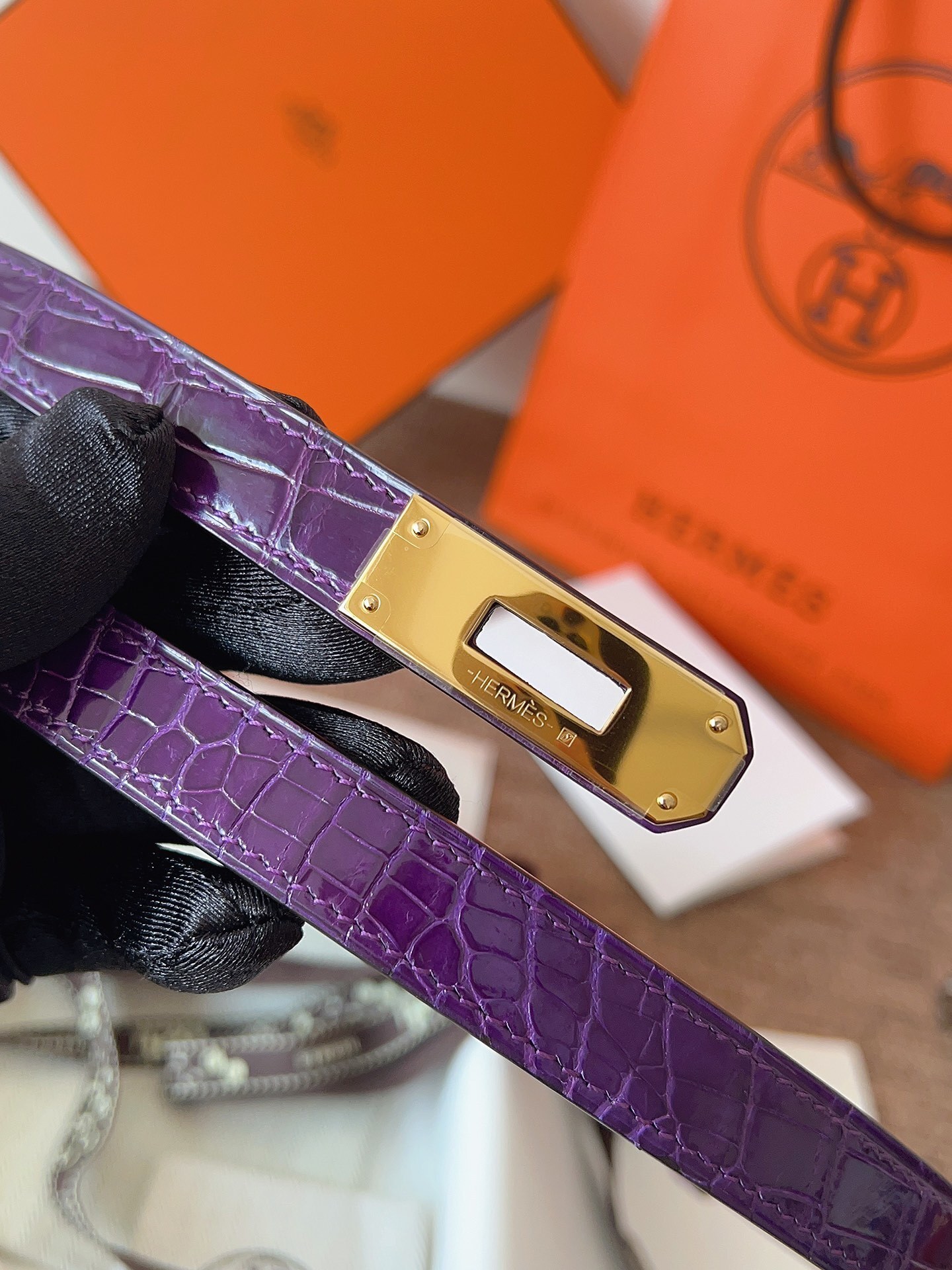 Hermes Kelly Double Tour Bracelet Purple Alligator Gold Hardware